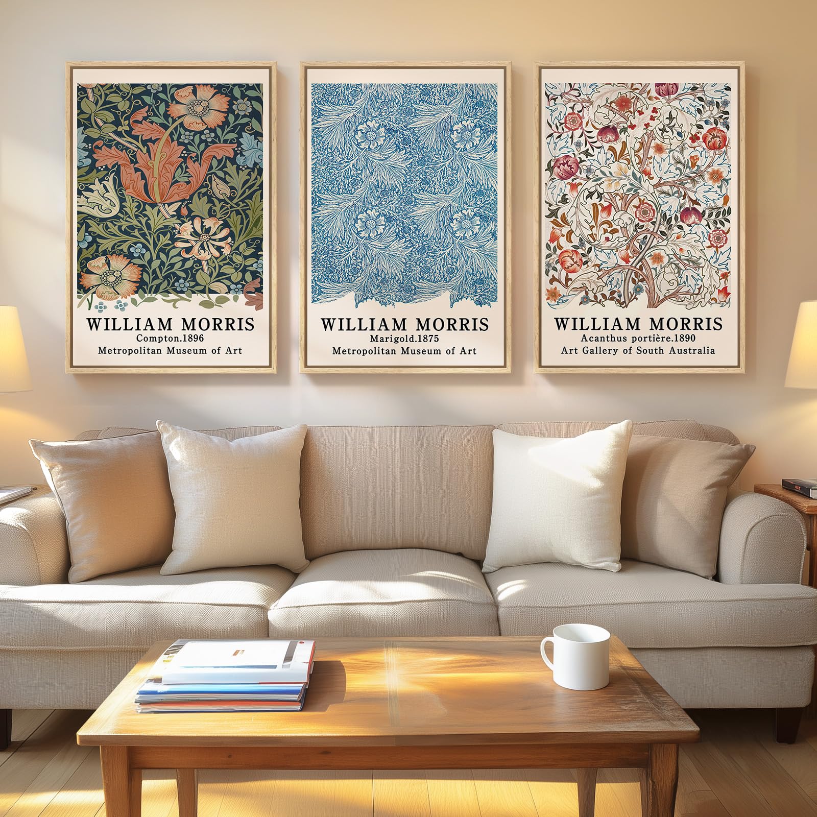 Framed Large William Morris Canvas Wall Art Set of 3, Vintage Nature Floral Artwork Prints, Boho Neutral Botanical Wall Decor for Living Room, Bedroom, Hallway and Office, Total Size 30x60