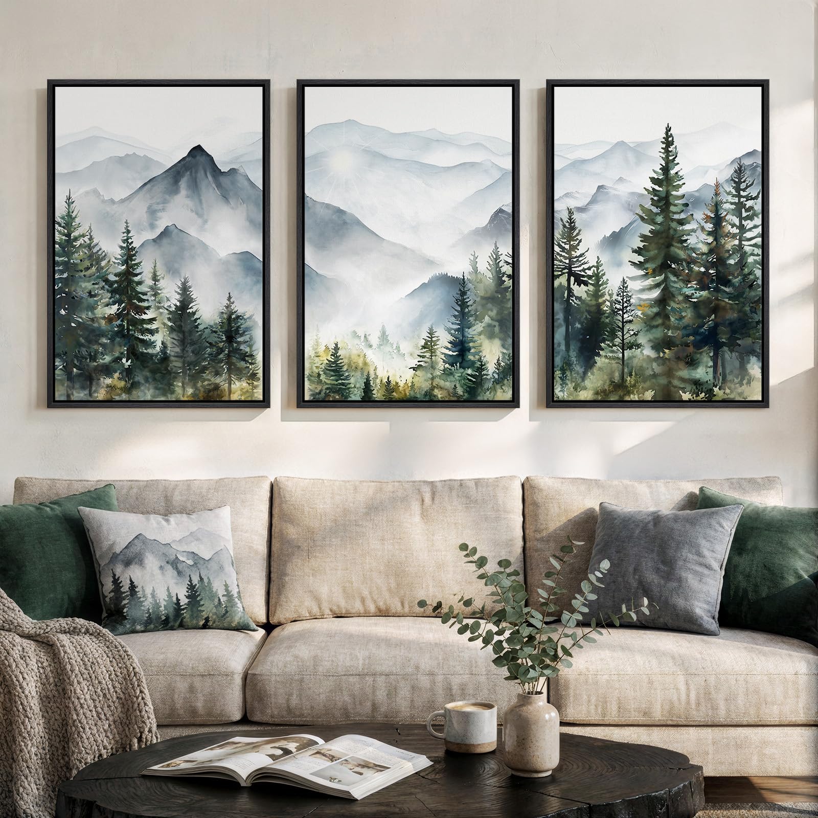 Framed Neutral Wall Art for Living Room, Large 3 Piece Abstract Pastel Grunge Forest Landscape Tree Canvas Artwork Set, Modern Art Decorative Nordic Painting Picture Prints for Hallway Office 24x36 In