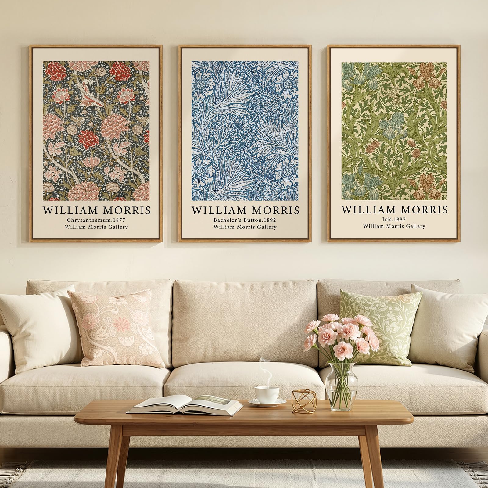Framed Large William Morris Canvas Wall Art Set of 3, Vintage Nature Floral Artwork Prints, Boho Neutral Botanical Wall Decor for Living Room, Bedroom, Hallway and Office, Total Size 30x60