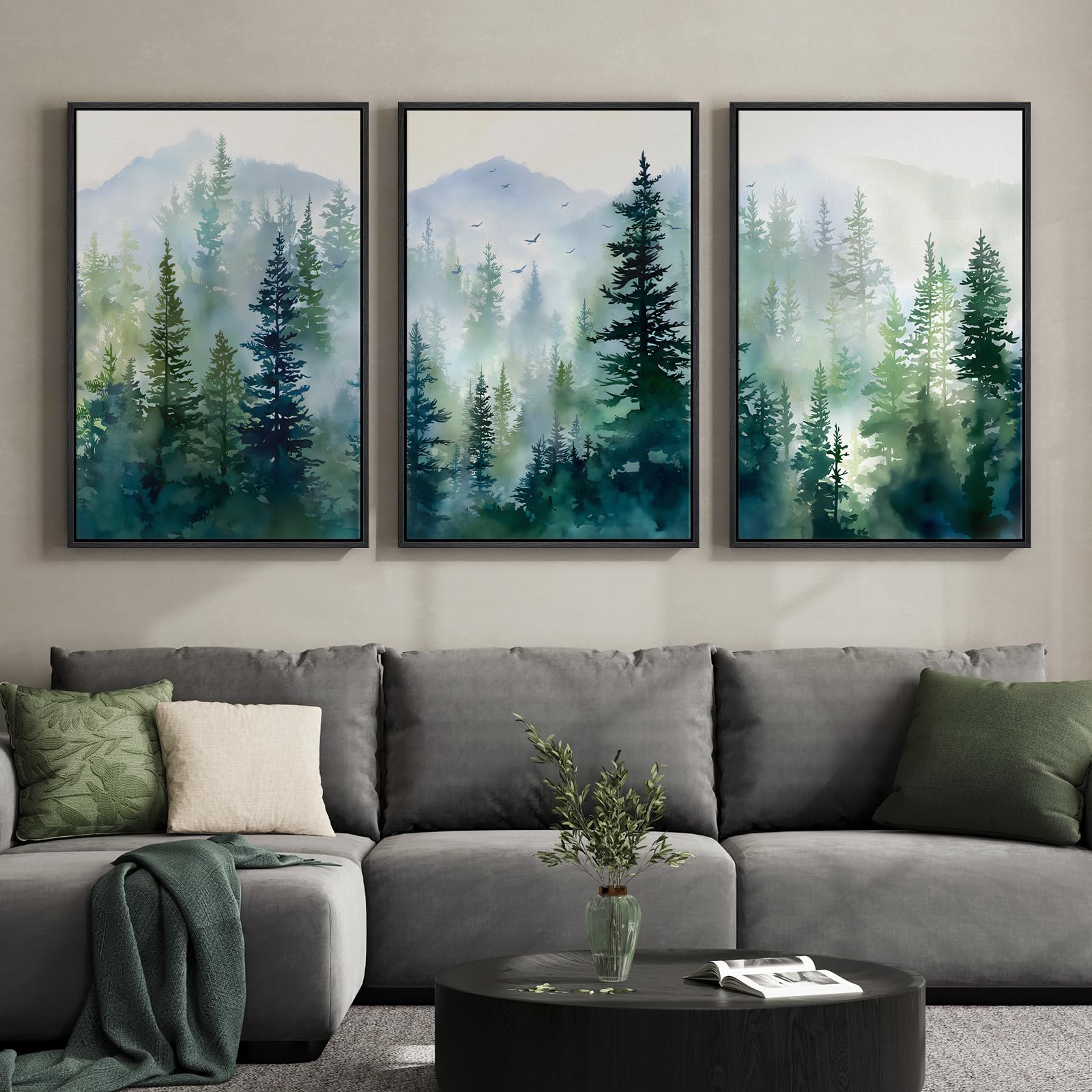 Framed Neutral Wall Art for Living Room, Large 3 Piece Abstract Pastel Grunge Forest Landscape Tree Canvas Artwork Set, Modern Art Decorative Nordic Painting Picture Prints for Hallway Office 24x36 In