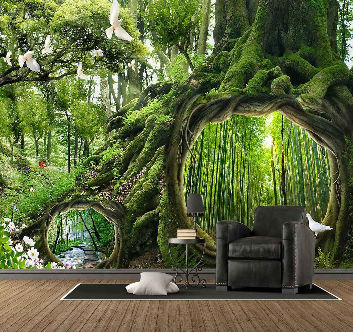 Reyhui Sunshine Forest Mural Wallpaper Landscape Tree Wallpaper Large Nature Scenery Wall Mural for Living Room (not self-Adhesive)