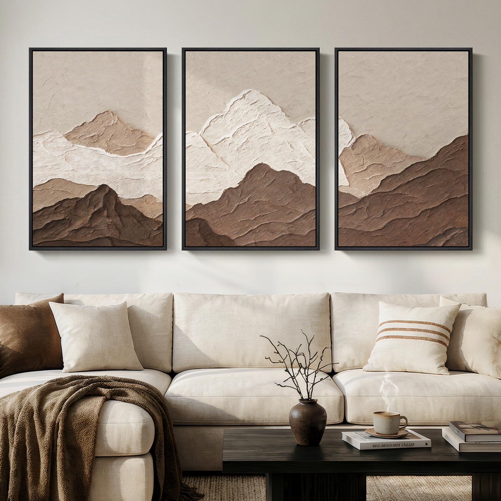 Framed Neutral Wall Art for Living Room, Large 3 Piece Abstract Pastel Grunge Forest Landscape Tree Canvas Artwork Set, Modern Art Decorative Nordic Painting Picture Prints for Hallway Office 24x36 In