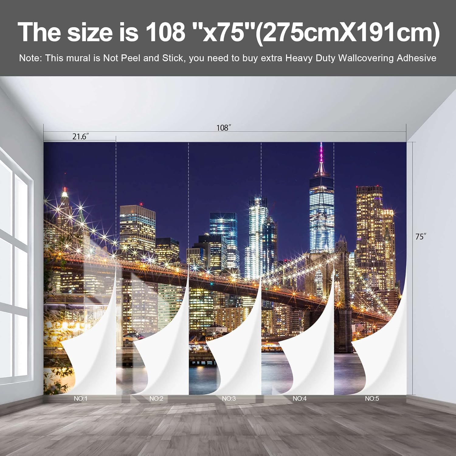 Brooklyn Bridge City View Mural Living Room couches Extra Large wall murals new york Cities Wallpaper Bedroom California Picture Landscape - 108"x75"（It's not Peel and Stick.）