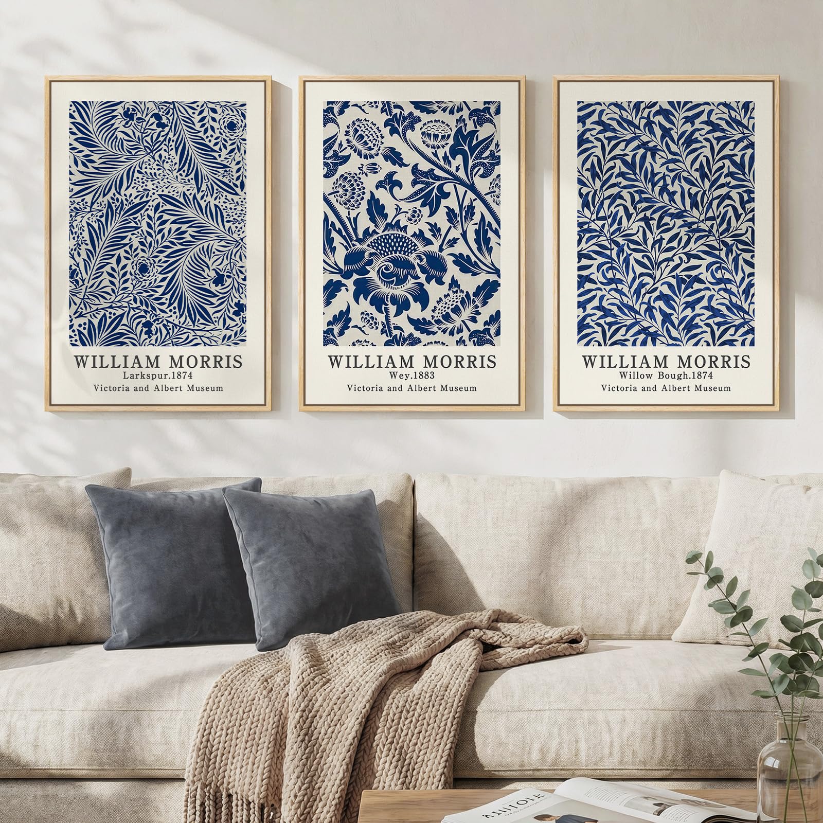 Framed Large William Morris Canvas Wall Art Set of 3, Vintage Nature Floral Artwork Prints, Boho Neutral Botanical Wall Decor for Living Room, Bedroom, Hallway and Office, Total Size 30x60