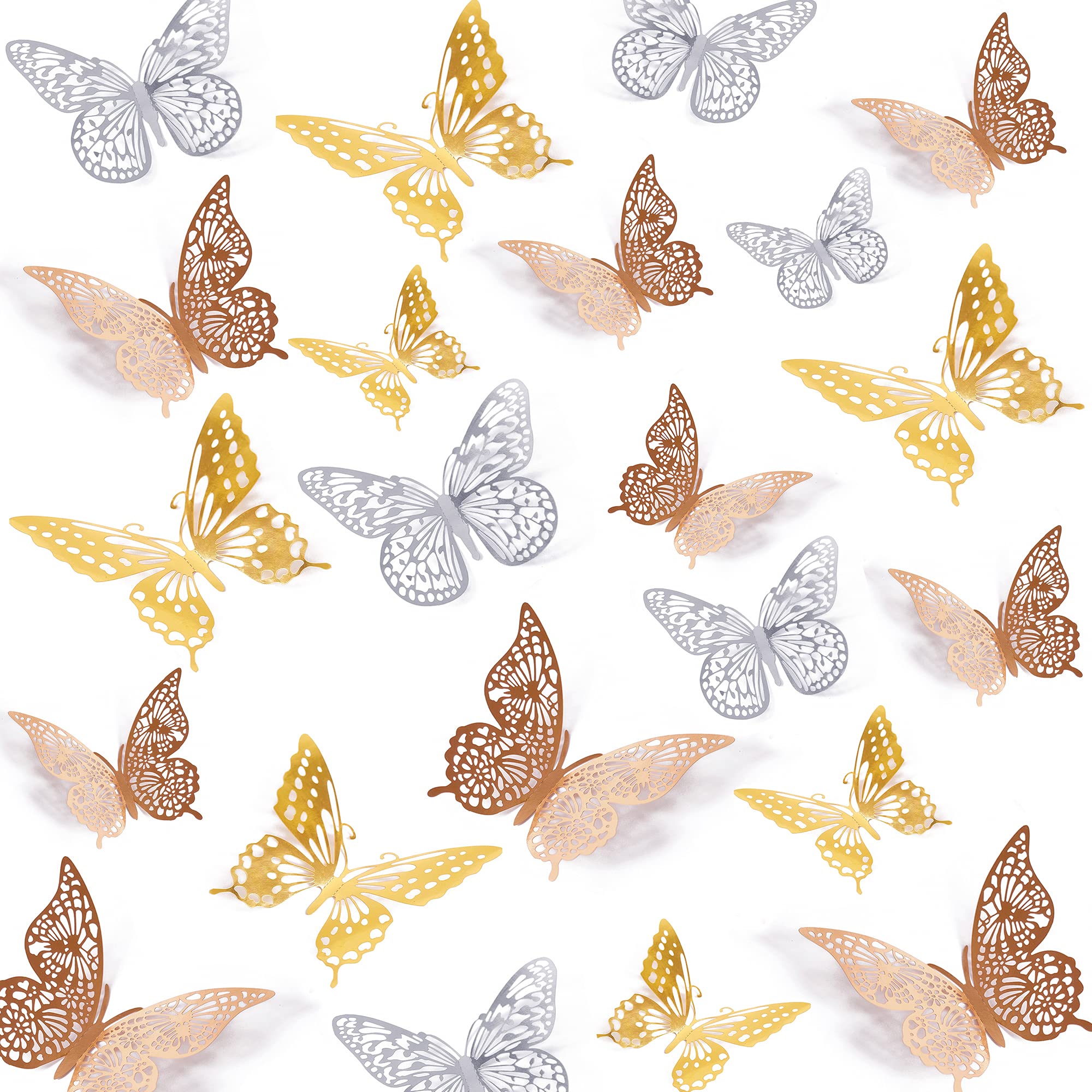 SAOROPEB 3D Butterfly Wall Decor, 48 Pcs 4 Styles 2 Color 3 Sizes, Removable Metallic Wall Sticker Room Mural Decals for Kids Bedroom Nursery Classroom Party Decoration (2 Color)