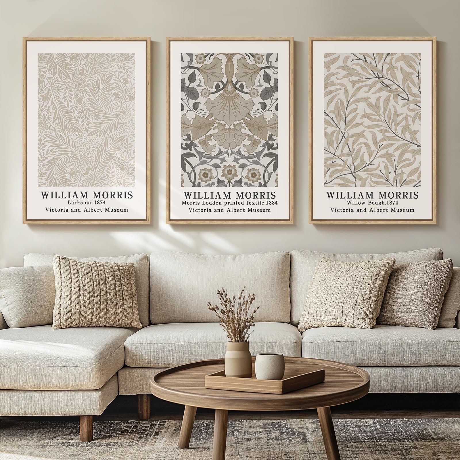 Framed Large William Morris Canvas Wall Art Set of 3, Vintage Nature Floral Artwork Prints, Boho Neutral Botanical Wall Decor for Living Room, Bedroom, Hallway and Office, Total Size 30x60
