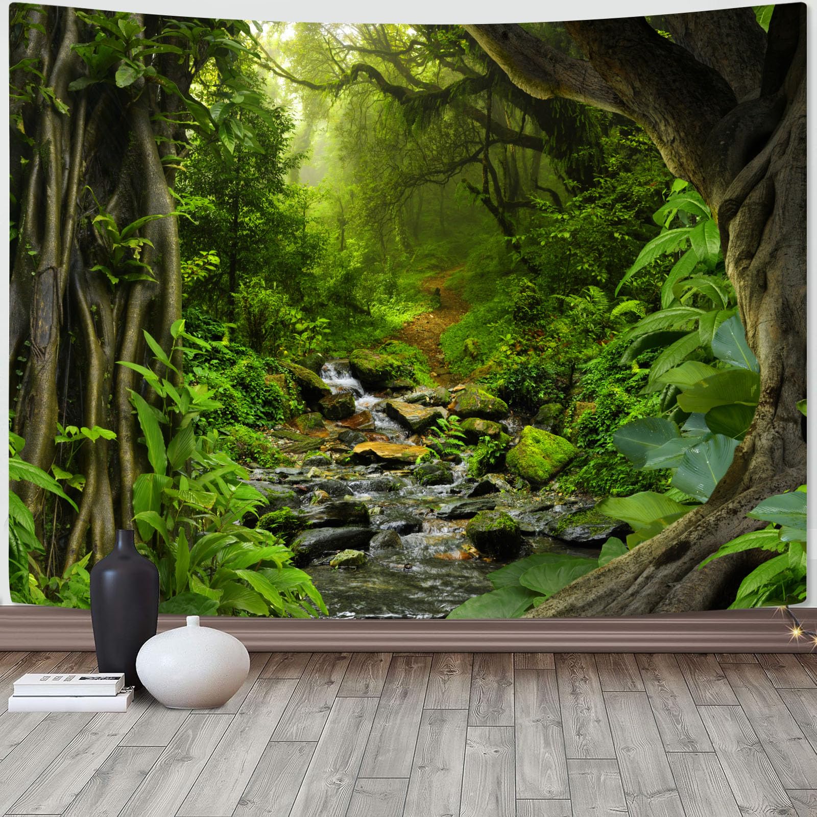 AMM Nature Forest Mountain Tapestry Green Pine Tree Tapestry for Bedroom Aesthetic White Clouds Flowing River Landscape Classroom Tapestries Wall Hanging for Living Room Dorm Office