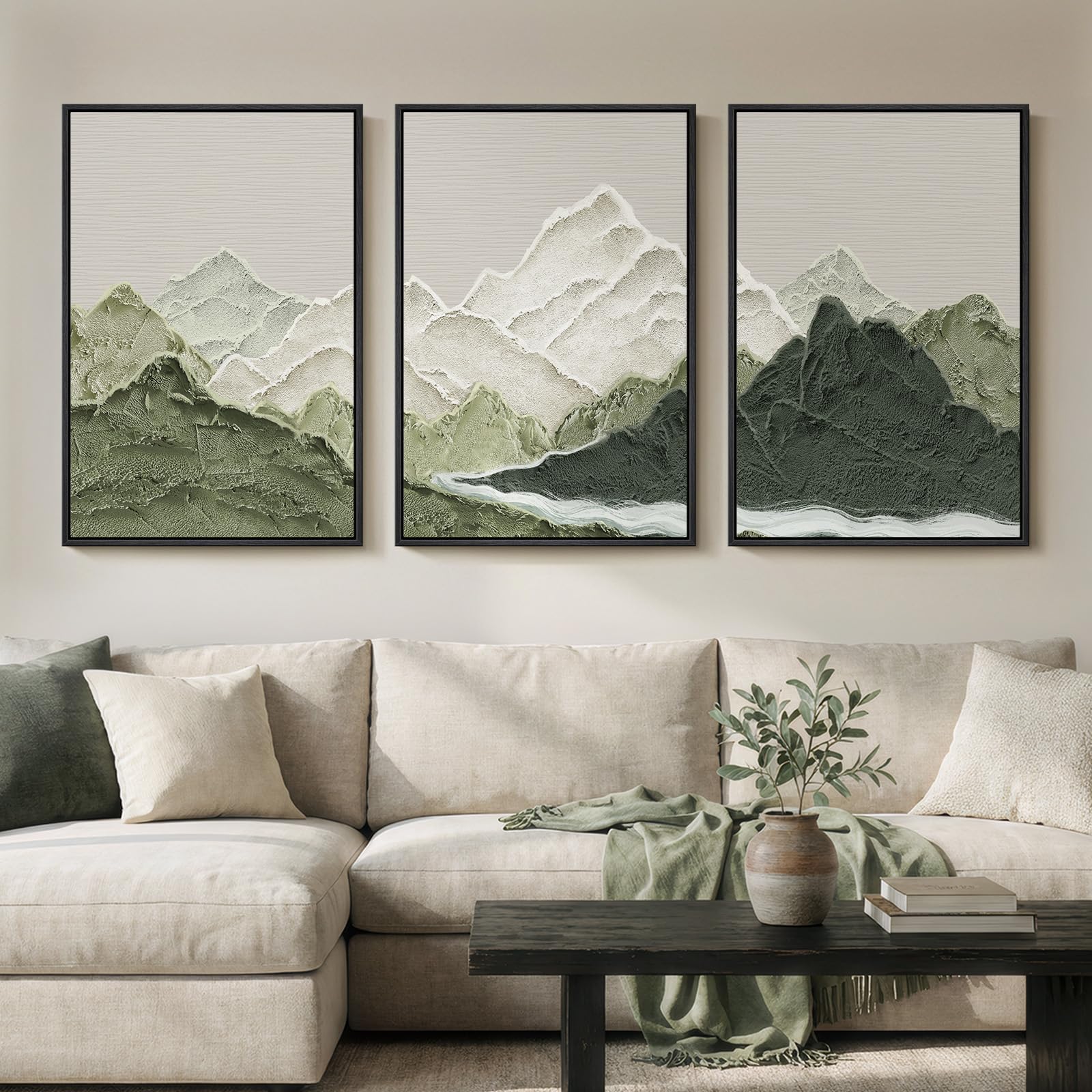Framed Neutral Wall Art for Living Room, Large 3 Piece Abstract Pastel Grunge Forest Landscape Tree Canvas Artwork Set, Modern Art Decorative Nordic Painting Picture Prints for Hallway Office 24x36 In