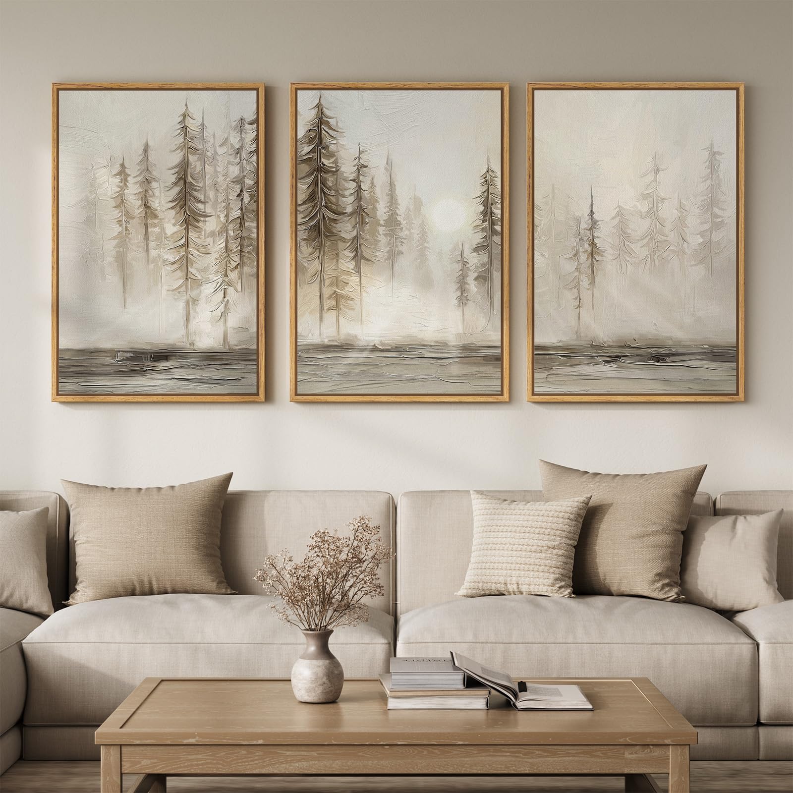 Framed Neutral Wall Art for Living Room, Large 3 Piece Abstract Pastel Grunge Forest Landscape Tree Canvas Artwork Set, Modern Art Decorative Nordic Painting Picture Prints for Hallway Office 24x36 In