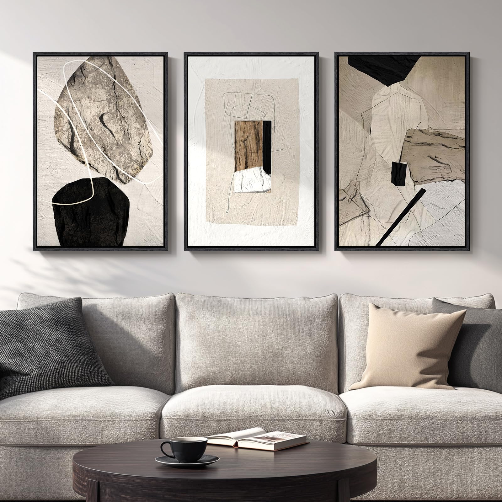 Large Framed Neutral Abstract Wall Art for Living Room, 3 Piece Modern Canvas Prints Paintings Artwork for Walls, Black Beige Brown Neutral Tone Pictures for Hallway Bedroom Office Wall Decor 24x36 In