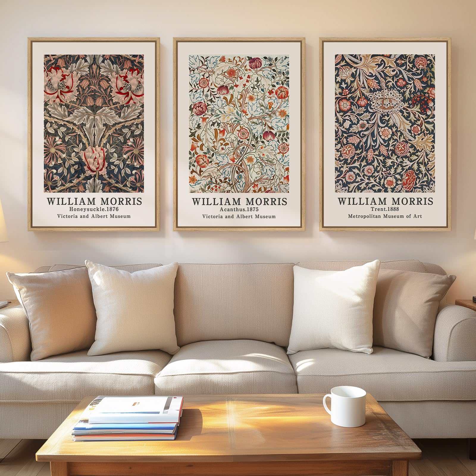 Framed Large William Morris Canvas Wall Art Set of 3, Vintage Nature Floral Artwork Prints, Boho Neutral Botanical Wall Decor for Living Room, Bedroom, Hallway and Office, Total Size 30x60