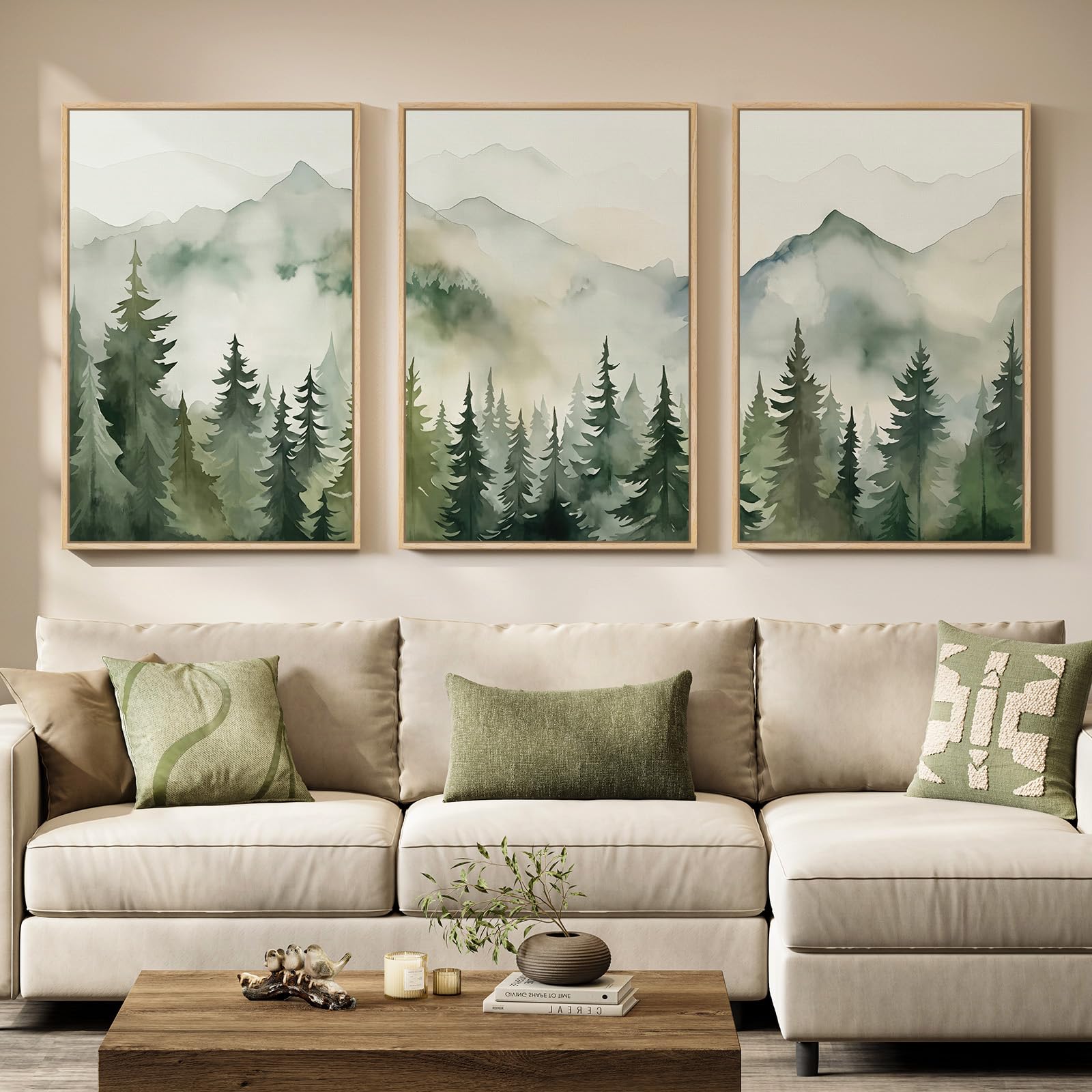 Framed Neutral Wall Art for Living Room, Large 3 Piece Abstract Pastel Grunge Forest Landscape Tree Canvas Artwork Set, Modern Art Decorative Nordic Painting Picture Prints for Hallway Office 24x36 In