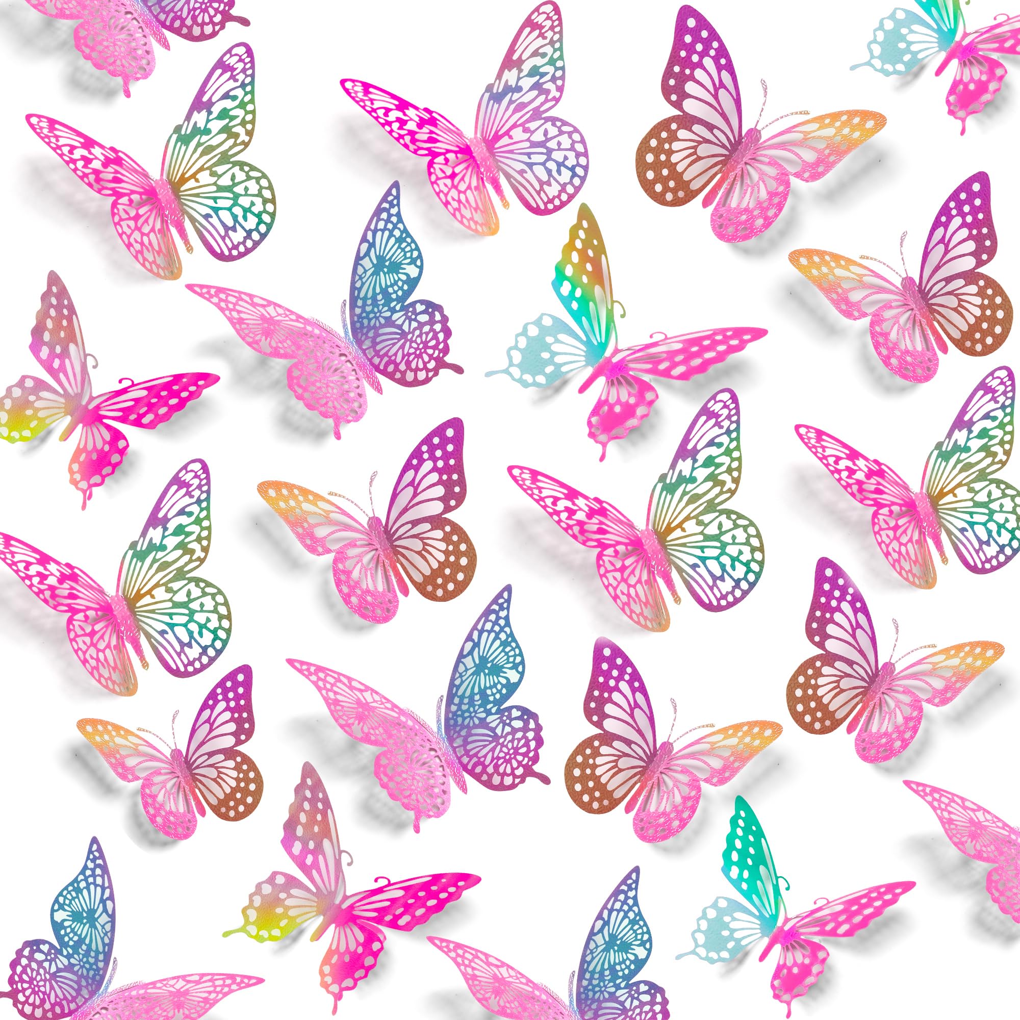 SAOROPEB 3D Butterfly Wall Decor, 48 Pcs 4 Styles 2 Color 3 Sizes, Removable Metallic Wall Sticker Room Mural Decals for Kids Bedroom Nursery Classroom Party Decoration (2 Color)