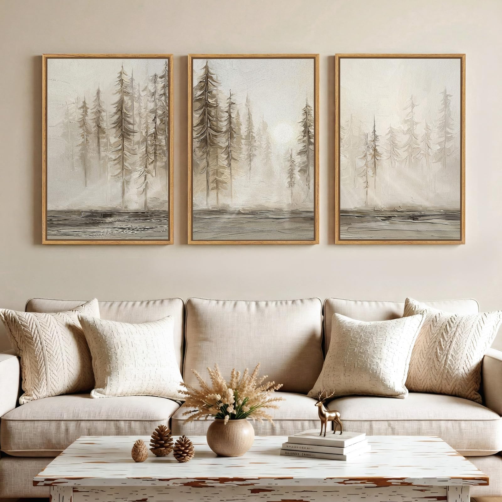 Framed Neutral Wall Art for Living Room, Large 3 Piece Abstract Pastel Grunge Forest Landscape Tree Canvas Artwork Set, Modern Art Decorative Nordic Painting Picture Prints for Hallway Office 24x36 In