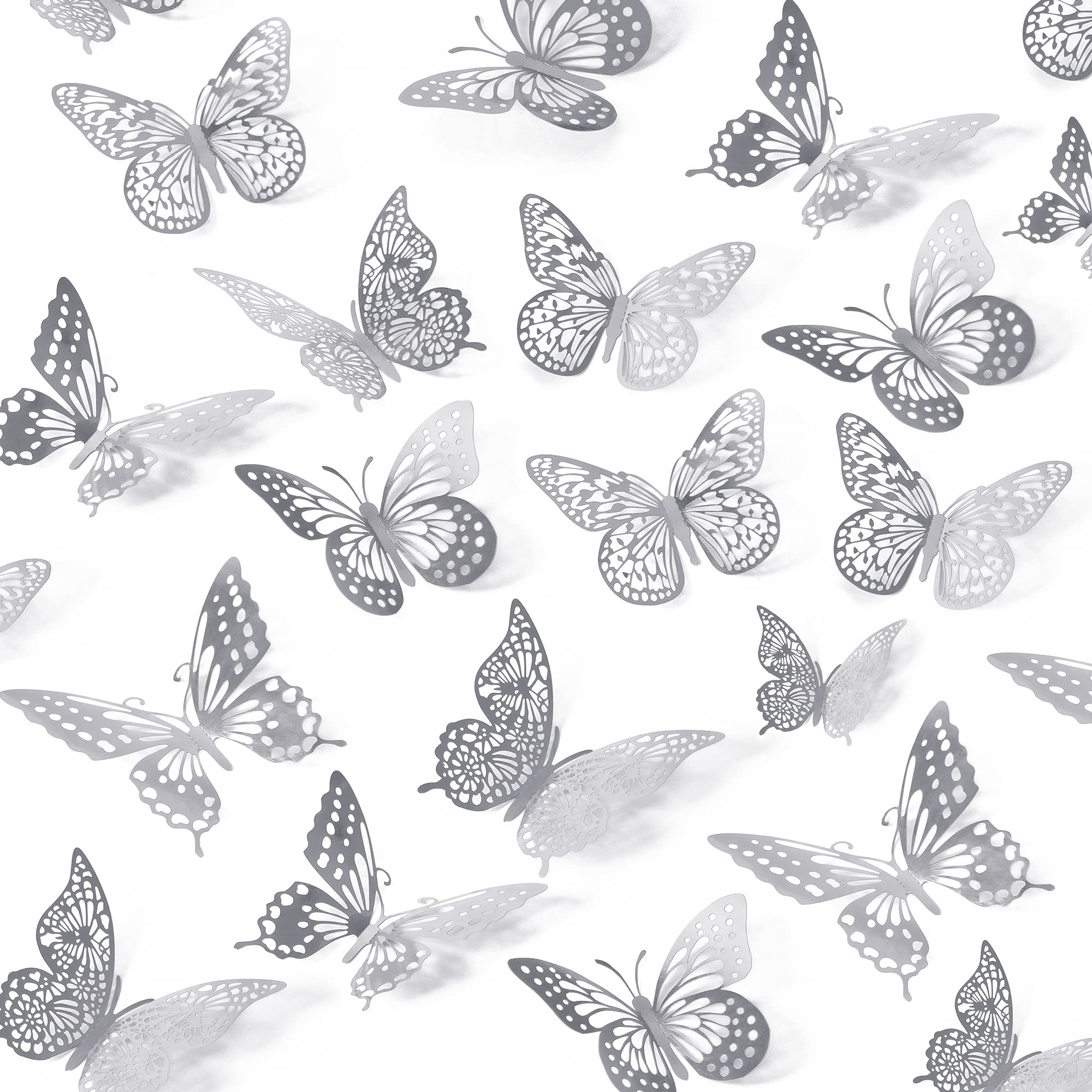 SAOROPEB 3D Butterfly Wall Decor, 48 Pcs 4 Styles 2 Color 3 Sizes, Removable Metallic Wall Sticker Room Mural Decals for Kids Bedroom Nursery Classroom Party Decoration (2 Color)