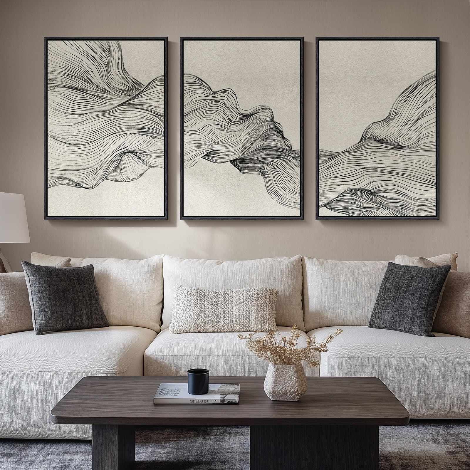 Large Framed Boho Modern Neutral Abstract Wall Art for Living Room, 3 Piece Black and White Canvas Prints Paintings Artwork for Walls, Geometric Pictures for Office Bedroom Dining Room Decor, 24x36 In