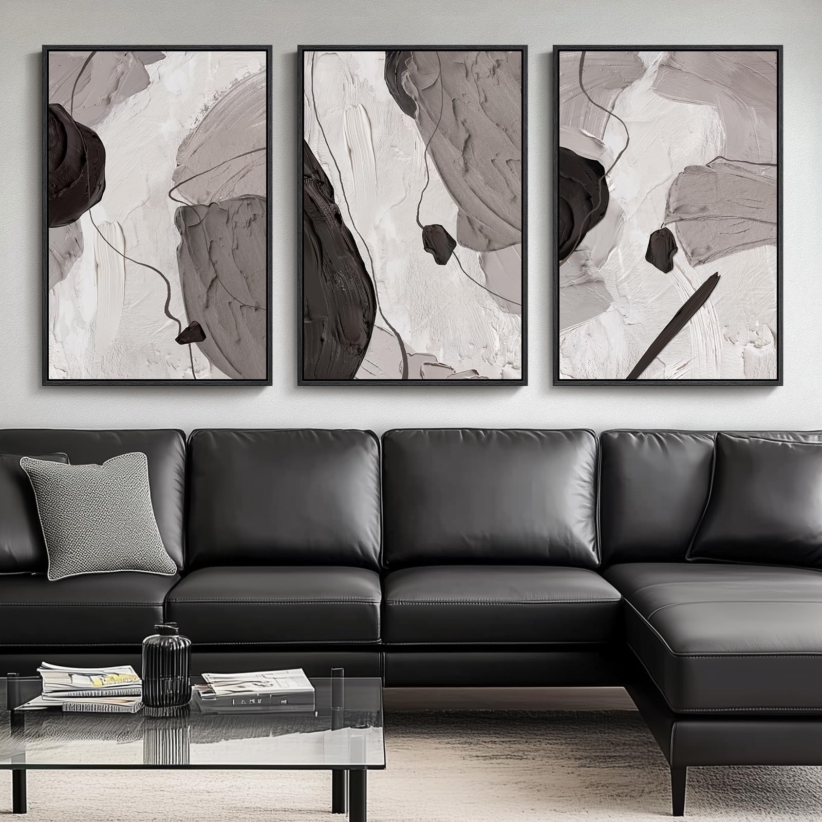 Large Framed Black and White Abstract Wall Art for Living Room, 3 Piece Big Modern Canvas Prints Paintings Artwork for Walls, Minimalist Abstract Art Pictures for Hallway, Office Wall Decor 24x36 In