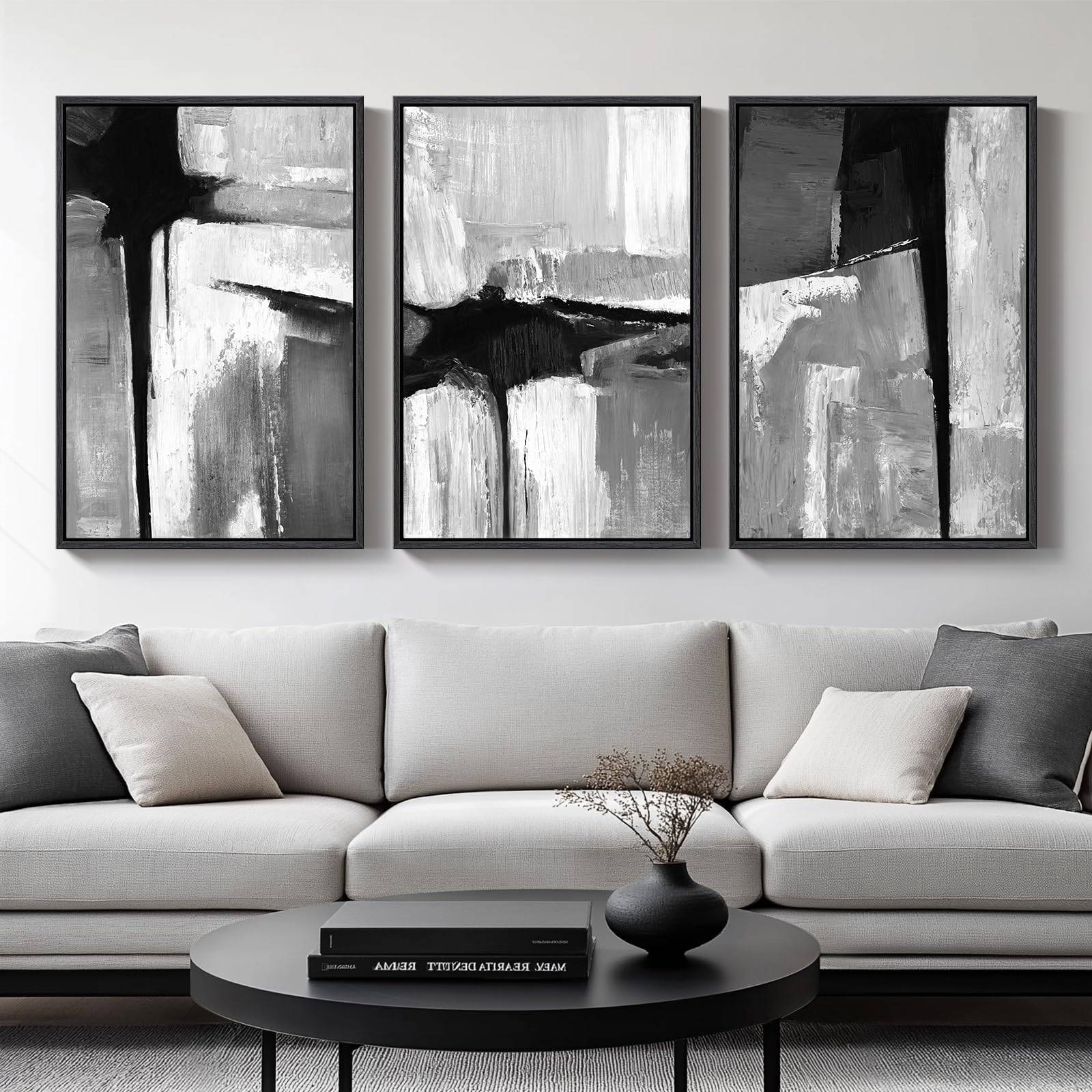 Large Framed Boho Modern Neutral Abstract Wall Art for Living Room, 3 Piece Black and White Canvas Prints Paintings Artwork for Walls, Geometric Pictures for Office Bedroom Dining Room Decor, 24x36 In