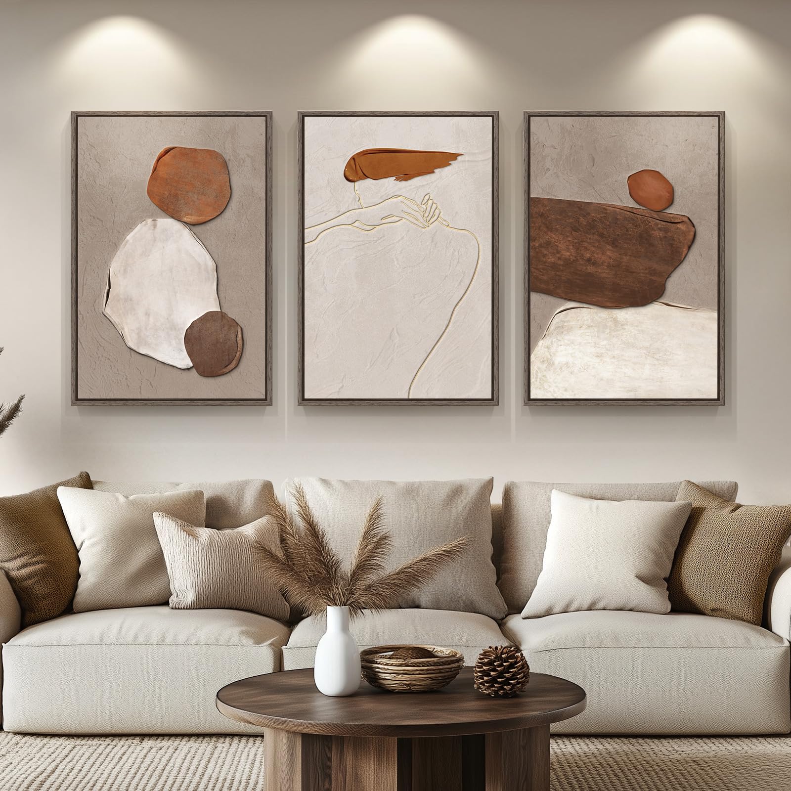 Large Framed Neutral Abstract Wall Art for Living Room, 3 Piece Modern Canvas Prints Paintings Artwork for Walls, Black Beige Brown Neutral Tone Pictures for Hallway Bedroom Office Wall Decor 24x36 In