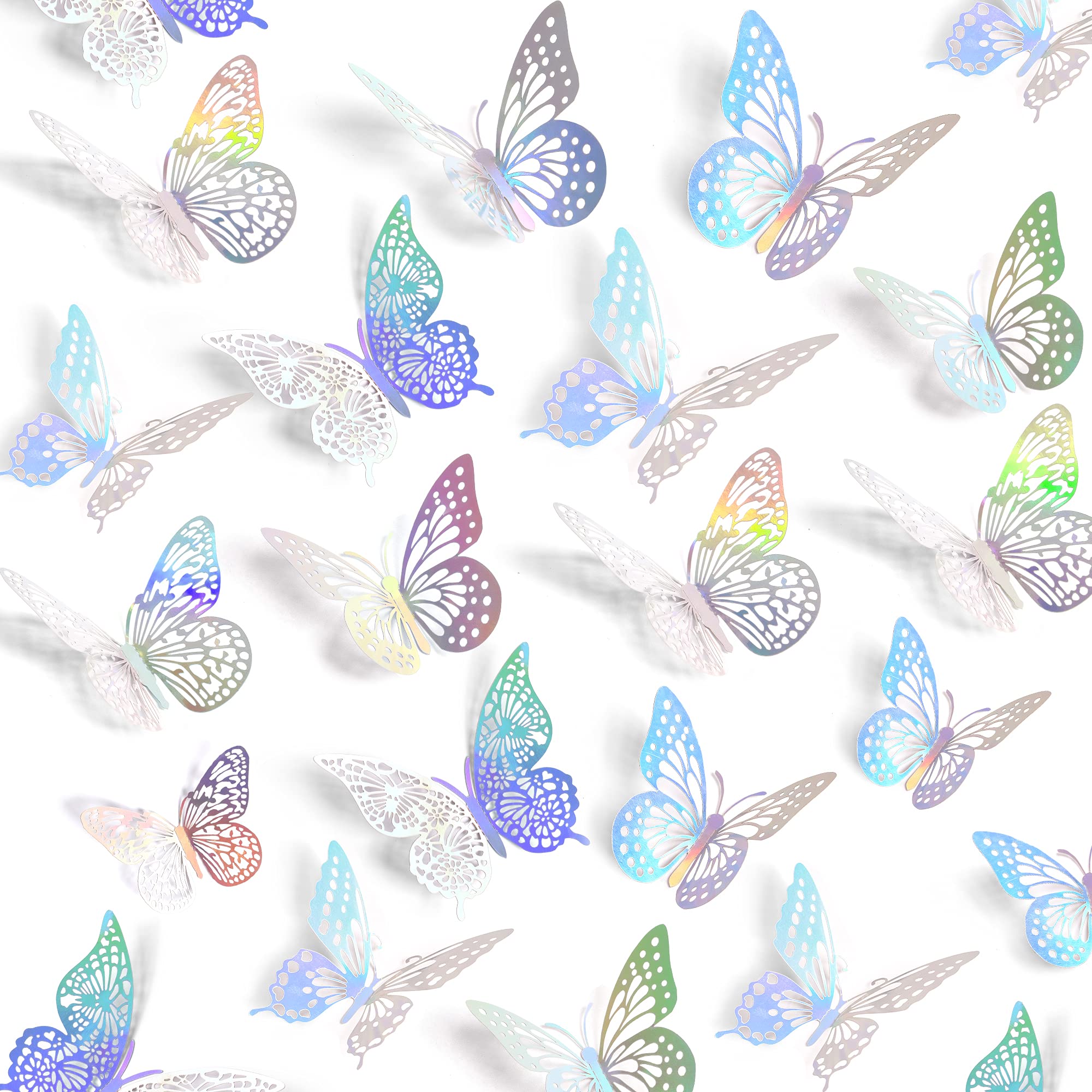 SAOROPEB 3D Butterfly Wall Decor, 48 Pcs 4 Styles 2 Color 3 Sizes, Removable Metallic Wall Sticker Room Mural Decals for Kids Bedroom Nursery Classroom Party Decoration (2 Color)