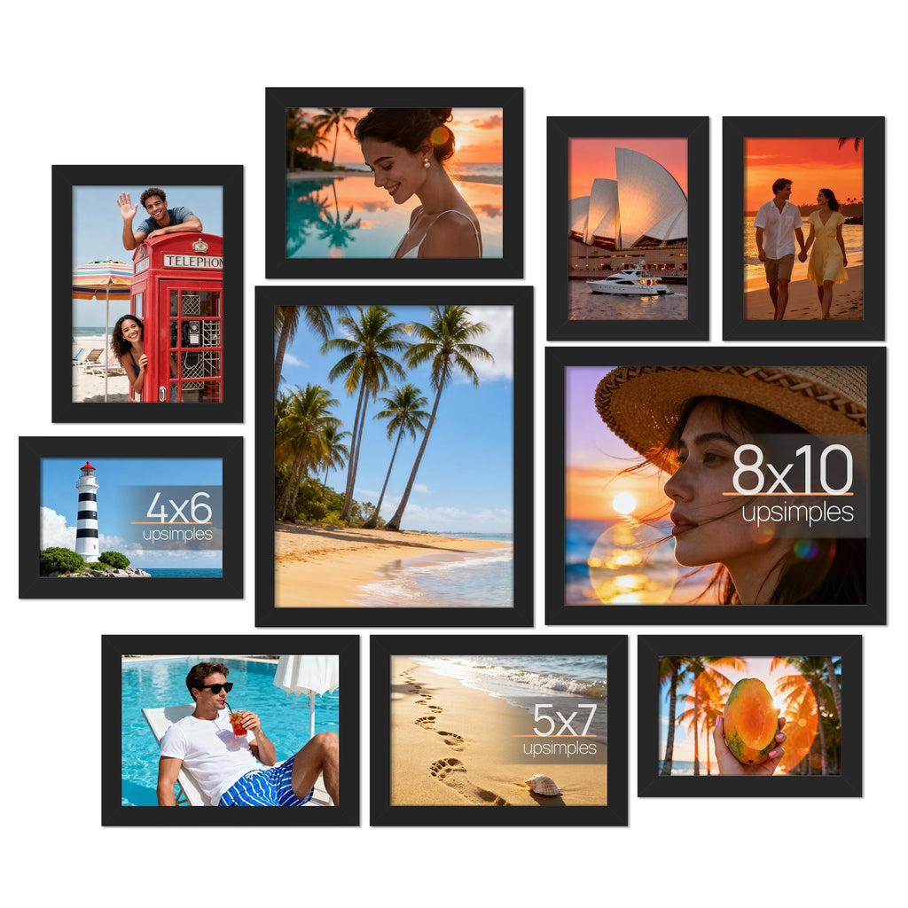 upsimples 10 Pack Picture Frames Collage Wall Decor for Mounting or Tabletop Display, Photo Gallery Frame Set for Family, Multi Sizes Including 8x10, 5x7, 4x6, Black
