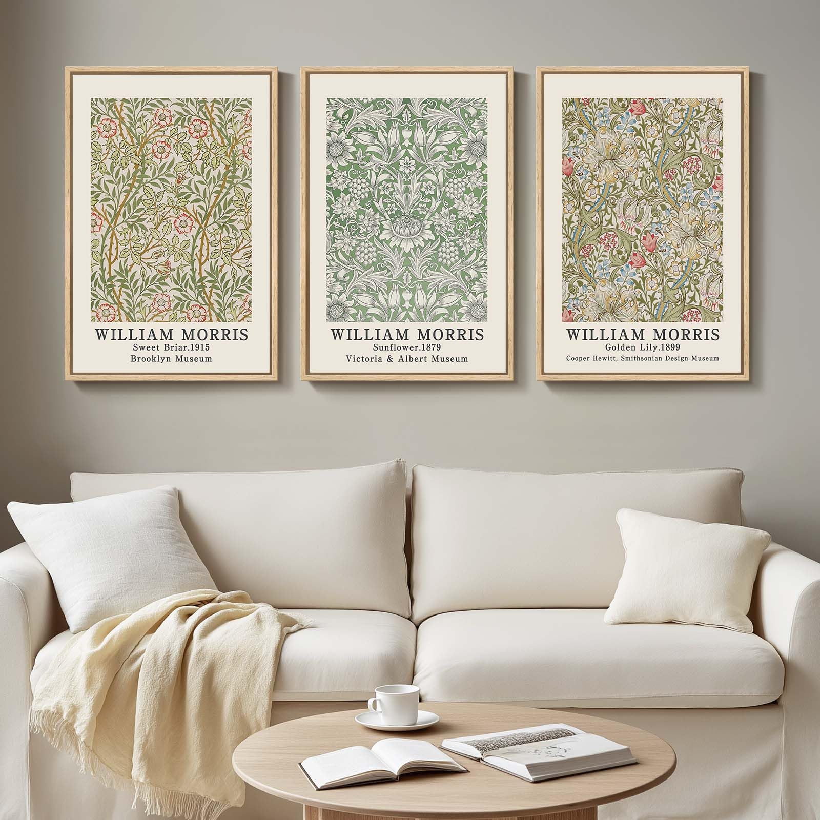 Framed Large William Morris Canvas Wall Art Set of 3, Vintage Nature Floral Artwork Prints, Boho Neutral Botanical Wall Decor for Living Room, Bedroom, Hallway and Office, Total Size 30x60