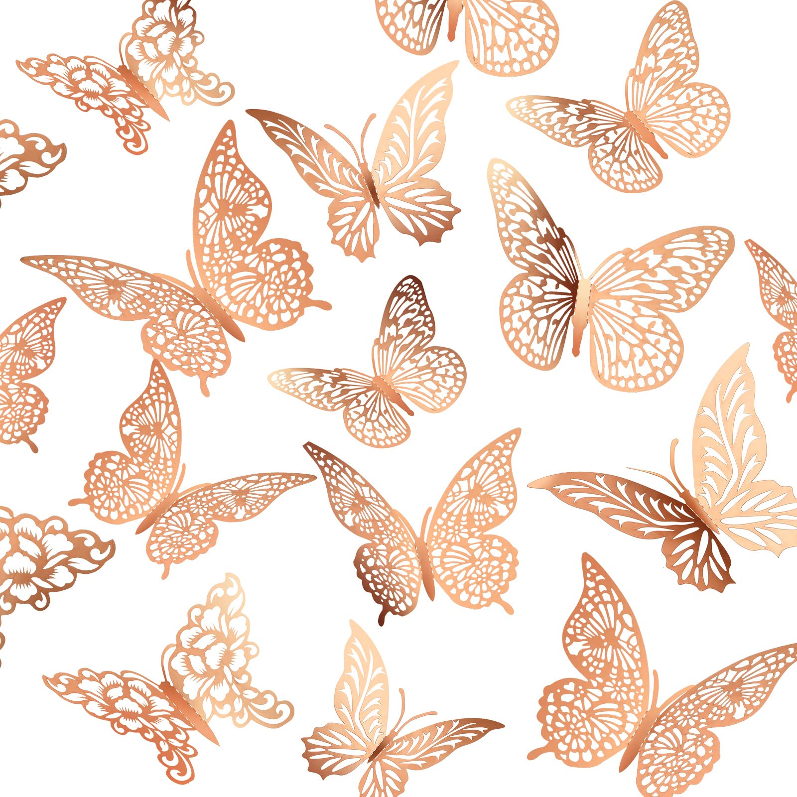 3D Pink Butterfly Wall Decor 3 Sizes 4 Styles Butterfly Party Decorations Cake Decorations Removable Stickers Wall Decor Room Mural Metallic Kids (Pink, 48Pcs)