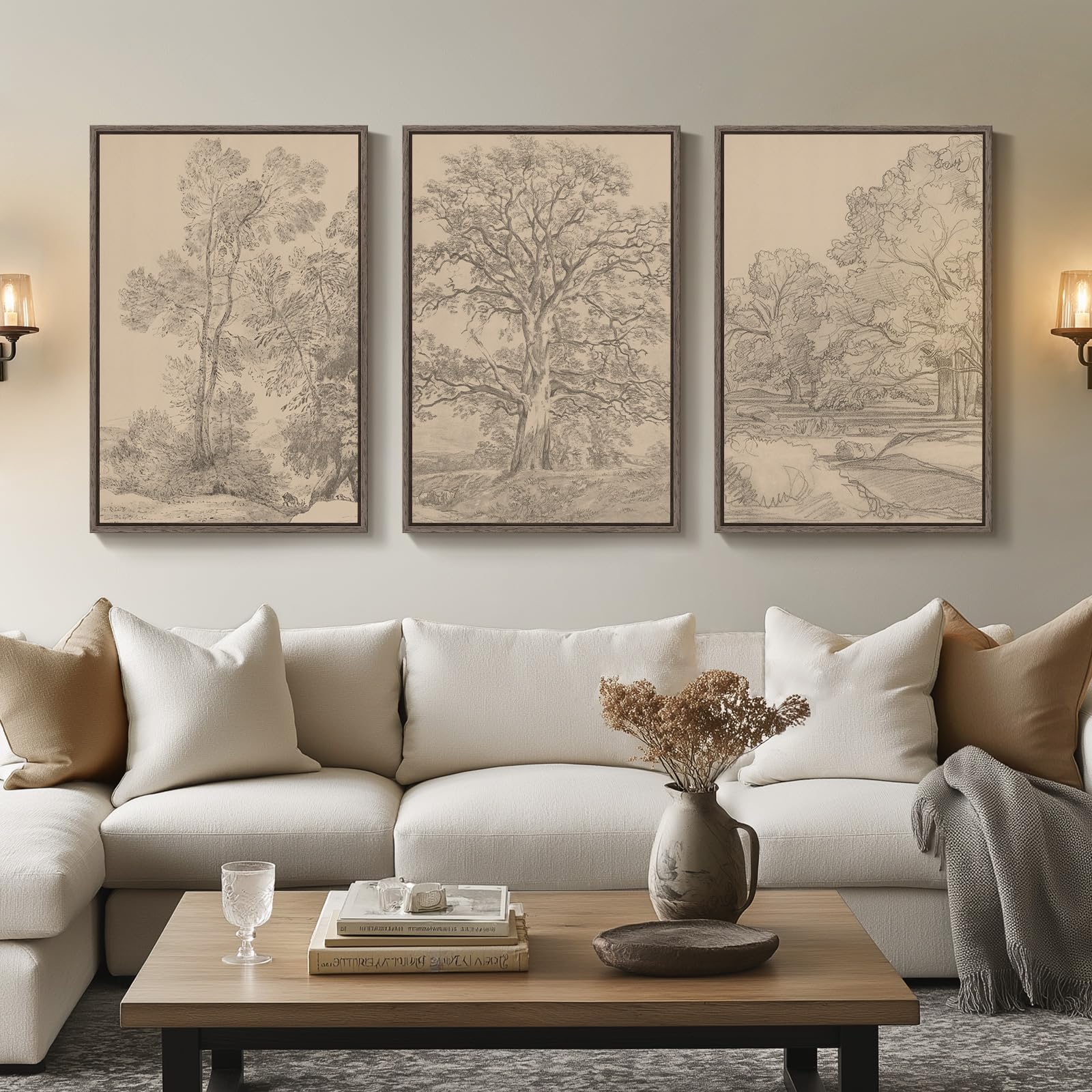 Framed Neutral Wall Art for Living Room, Large 3 Piece Abstract Pastel Grunge Forest Landscape Tree Canvas Artwork Set, Modern Art Decorative Nordic Painting Picture Prints for Hallway Office 24x36 In