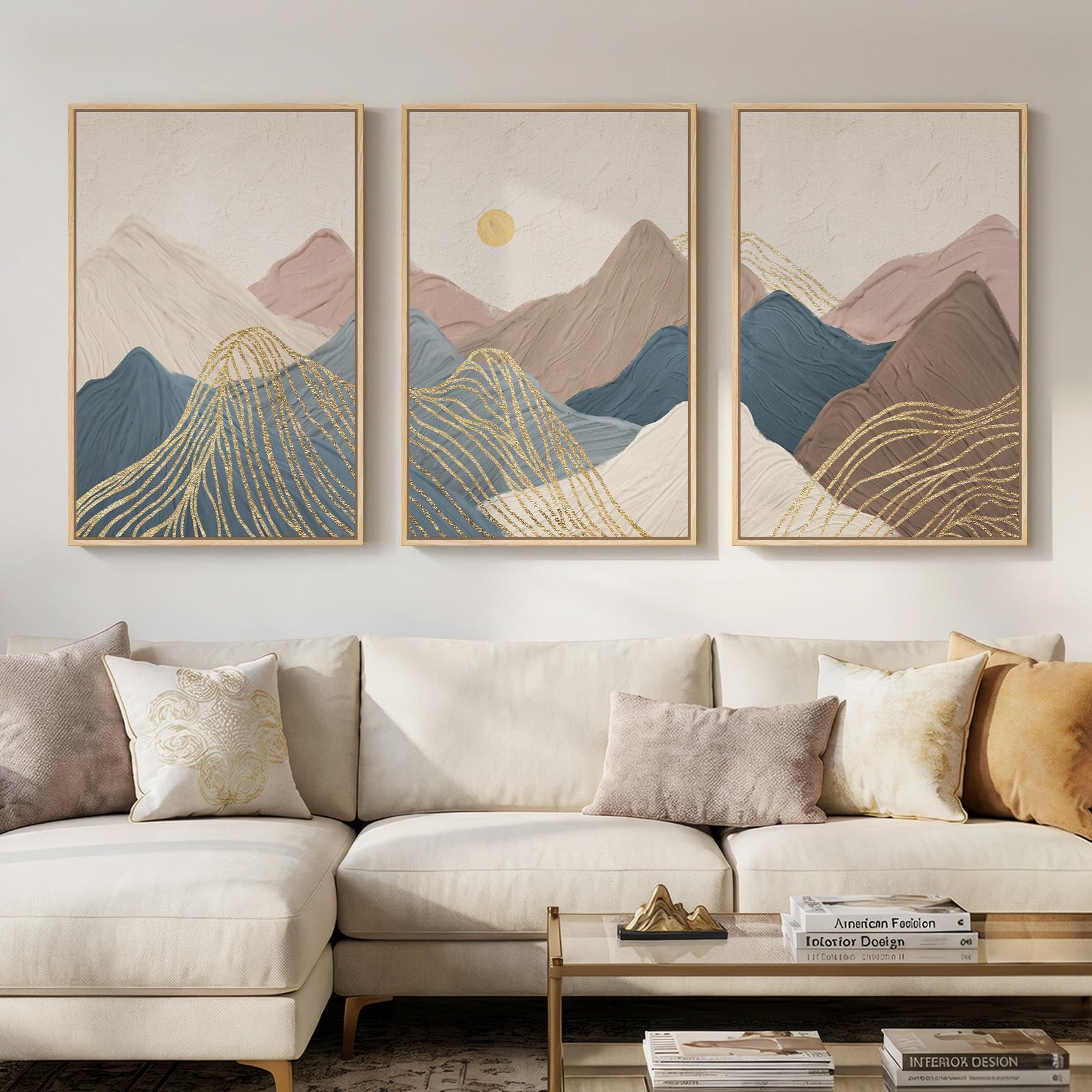 Framed Neutral Wall Art for Living Room, Large 3 Piece Abstract Pastel Grunge Forest Landscape Tree Canvas Artwork Set, Modern Art Decorative Nordic Painting Picture Prints for Hallway Office 24x36 In