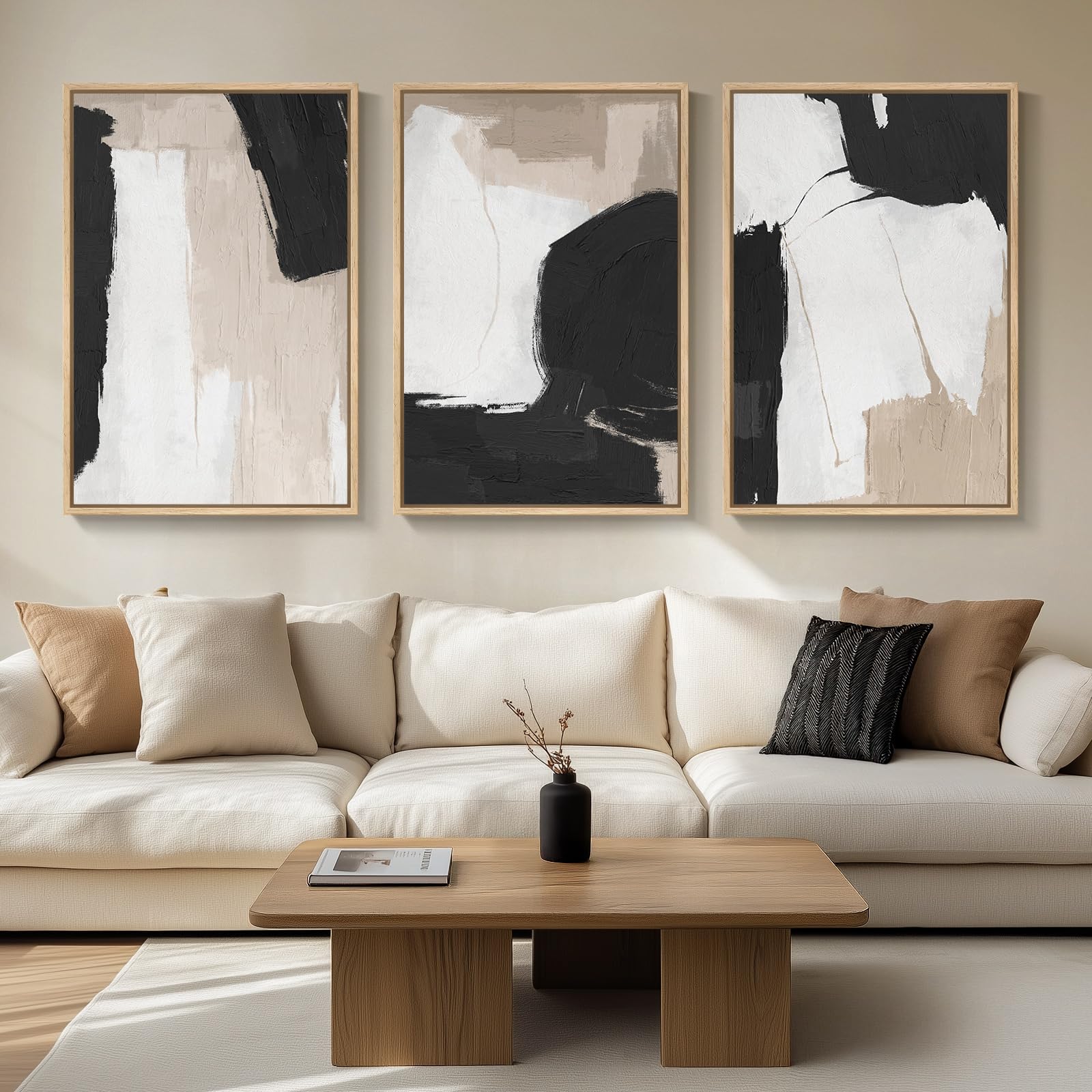Large Framed Neutral Abstract Wall Art for Living Room, 3 Piece Modern Canvas Prints Paintings Artwork for Walls, Black Beige Brown Neutral Tone Pictures for Hallway Bedroom Office Wall Decor 24x36 In