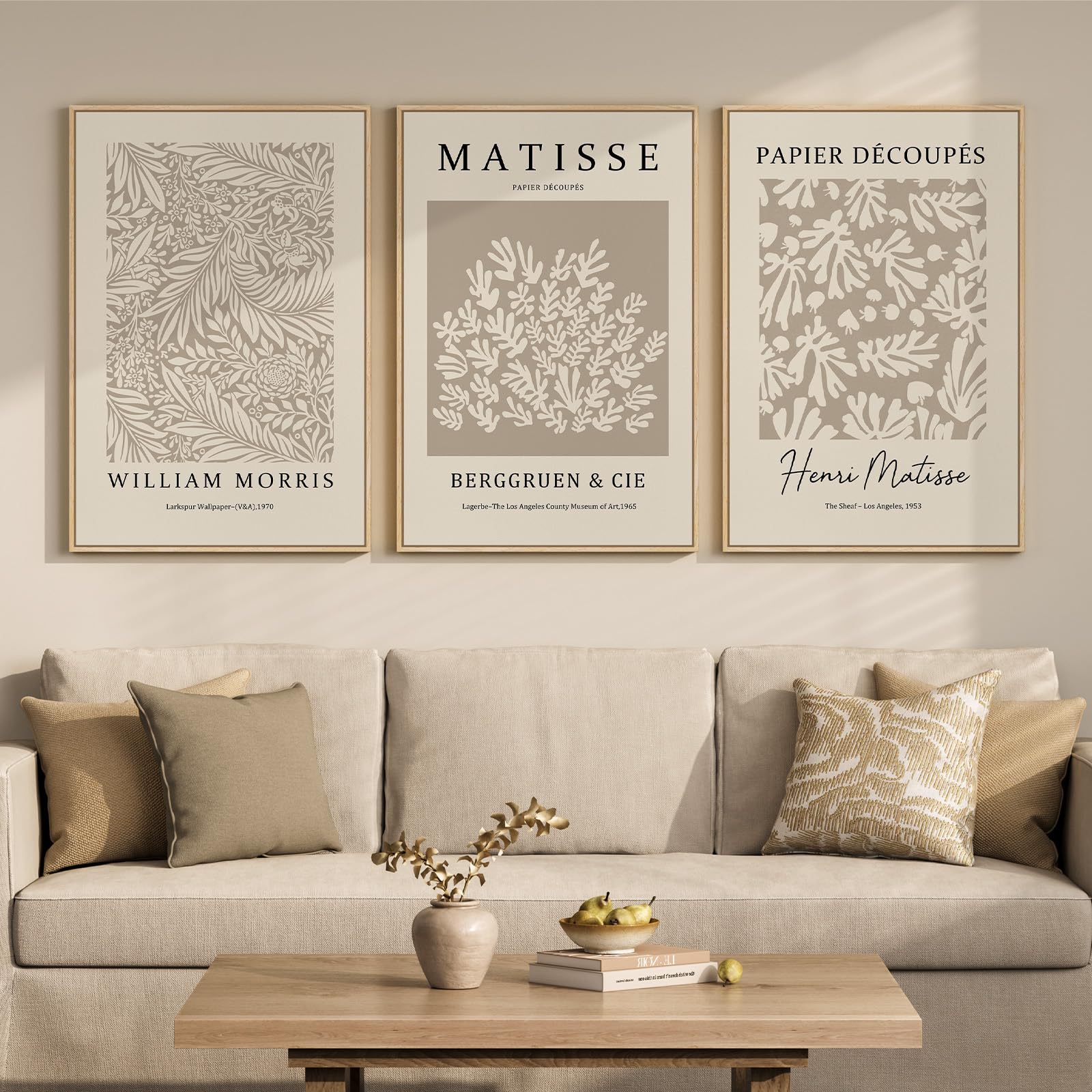 Framed Large William Morris Canvas Wall Art Set of 3, Vintage Nature Floral Artwork Prints, Boho Neutral Botanical Wall Decor for Living Room, Bedroom, Hallway and Office, Total Size 30x60