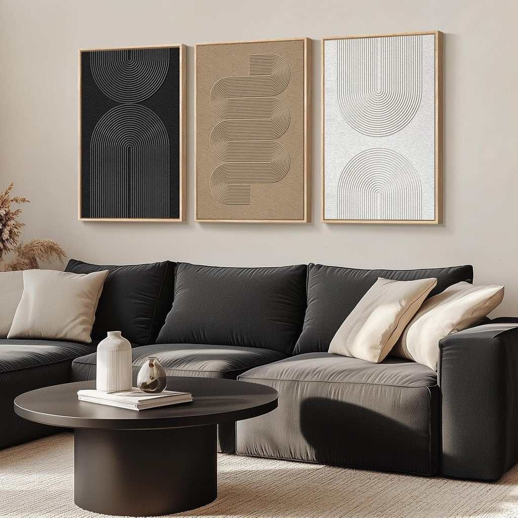 Large Framed Boho Modern Neutral Abstract Wall Art for Living Room, 3 Piece Black and White Canvas Prints Paintings Artwork for Walls, Geometric Pictures for Office Bedroom Dining Room Decor, 24x36 In