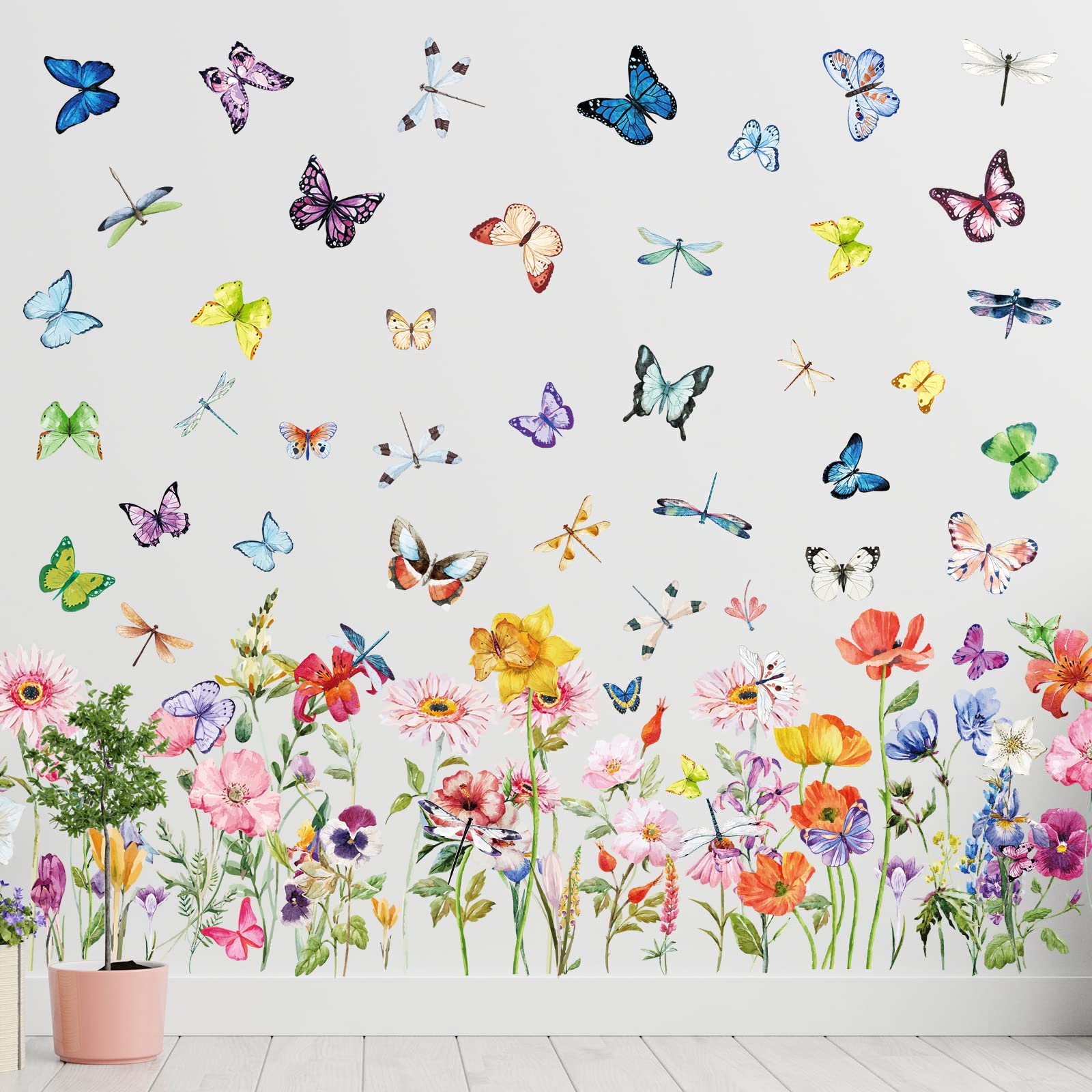 Zonon 6 Pcs Flowers Wall Decals Stickers Vinyl Removable Peel and Stick Colorful Dragonflies Floral Wall Murals Decor for Bedroom Living Room Nursery(Beautiful)