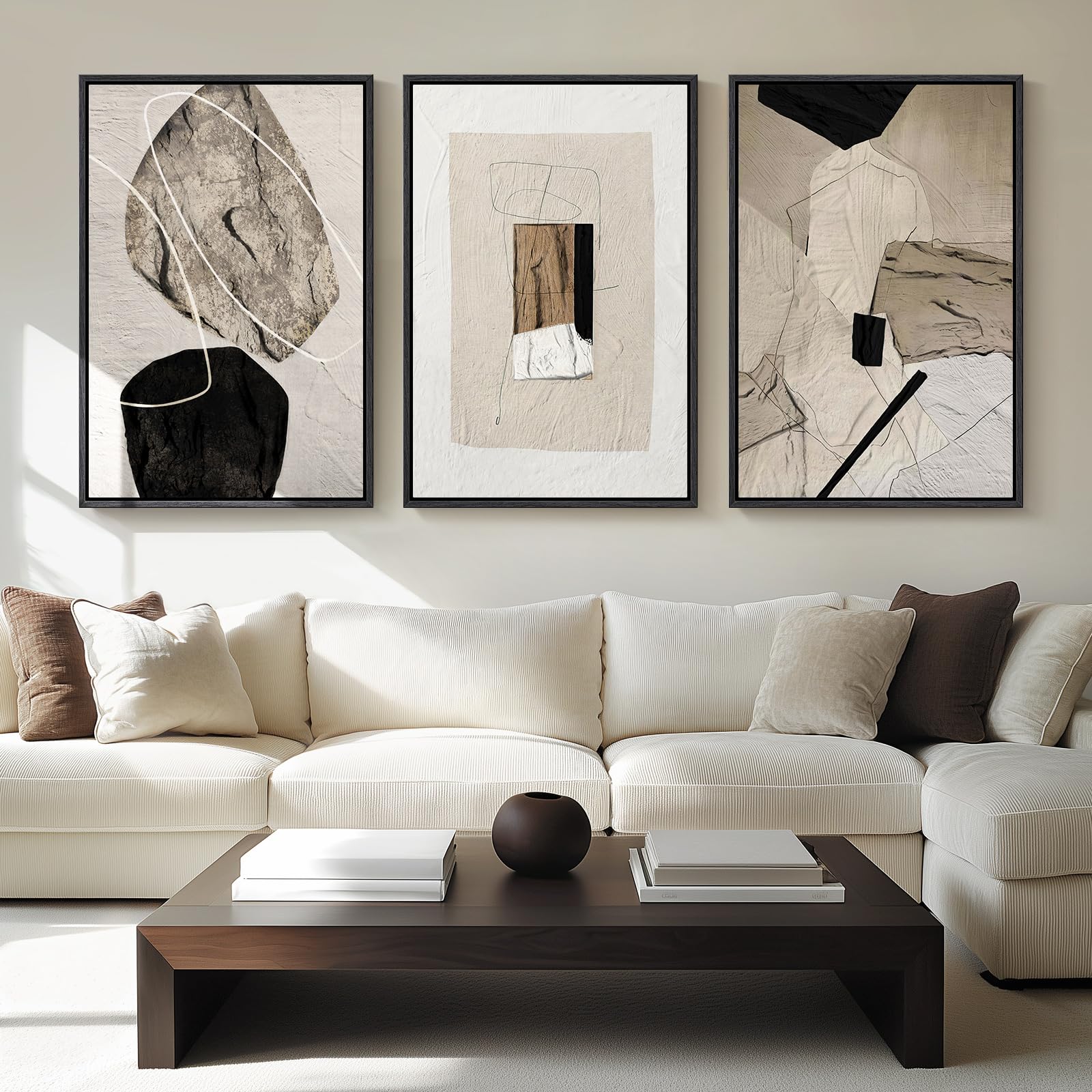 Large Framed Neutral Abstract Wall Art for Living Room, 3 Piece Modern Canvas Prints Paintings Artwork for Walls, Black Beige Brown Neutral Tone Pictures for Hallway Bedroom Office Wall Decor 24x36 In