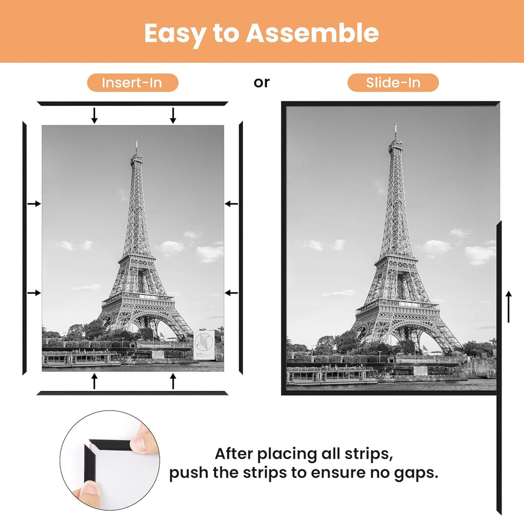 upsimples 16x24 Picture Frame Black 3 Pack, Scratch-Proof Poster Frames 16 x 24 for Photo Gallery - Slide-In Strips, Horizontal or Vertical Wall Mounting