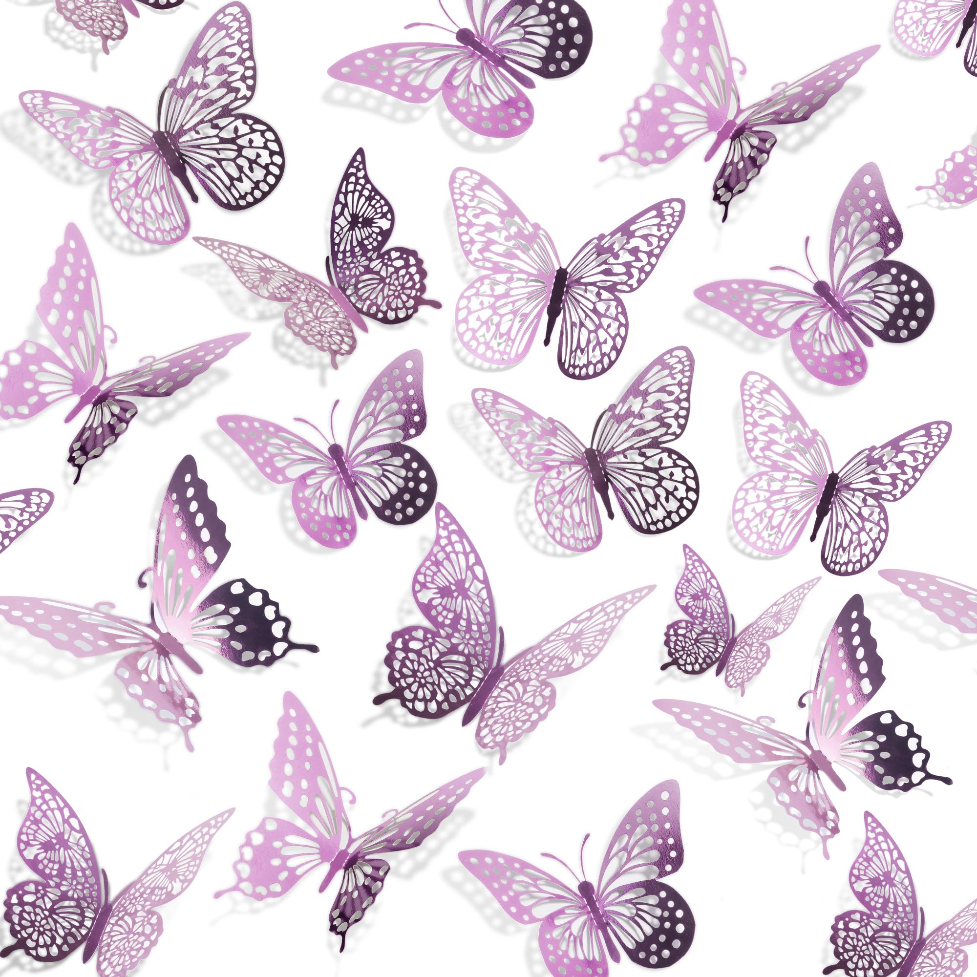 SAOROPEB 3D Butterfly Wall Decor, 48 Pcs 4 Styles 2 Color 3 Sizes, Removable Metallic Wall Sticker Room Mural Decals for Kids Bedroom Nursery Classroom Party Decoration (2 Color)