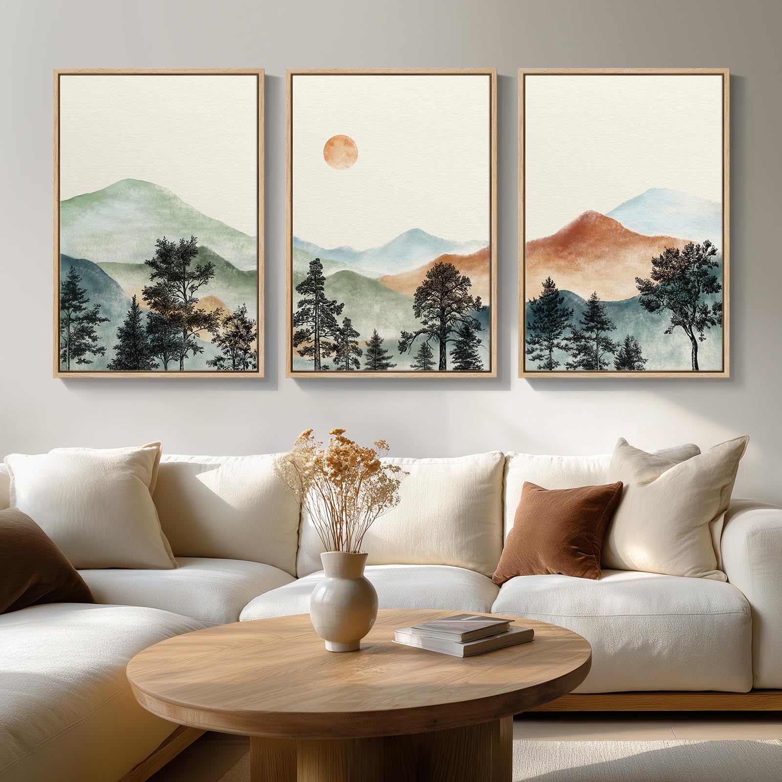 Framed Neutral Wall Art for Living Room, Large 3 Piece Abstract Pastel Grunge Forest Landscape Tree Canvas Artwork Set, Modern Art Decorative Nordic Painting Picture Prints for Hallway Office 24x36 In