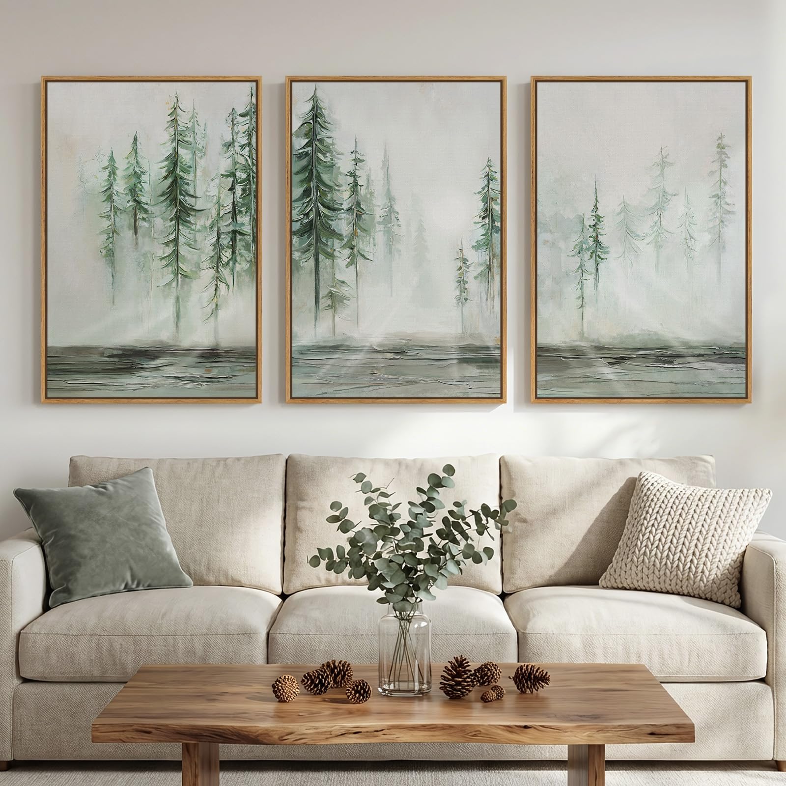 Framed Neutral Wall Art for Living Room, Large 3 Piece Abstract Pastel Grunge Forest Landscape Tree Canvas Artwork Set, Modern Art Decorative Nordic Painting Picture Prints for Hallway Office 24x36 In