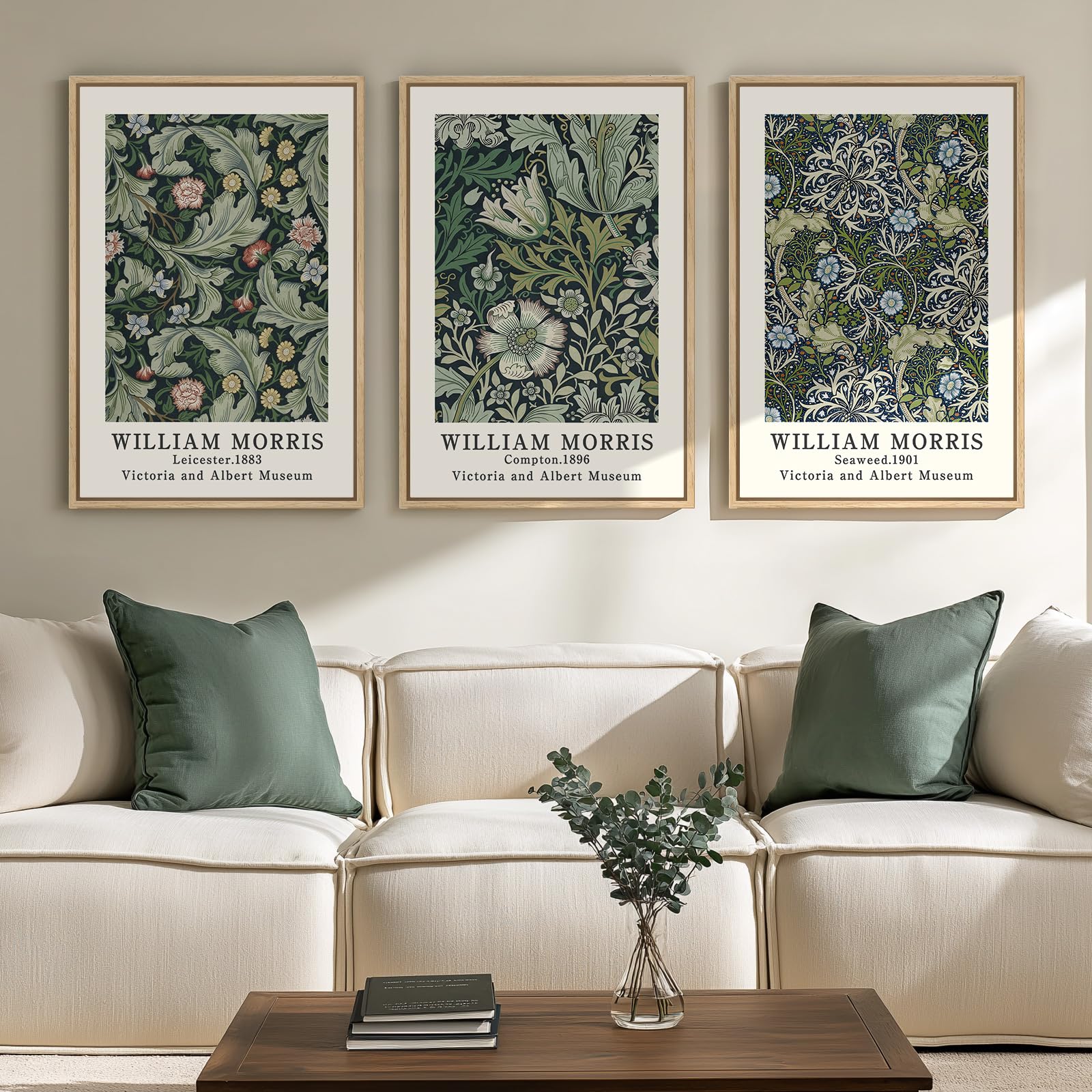 Framed Large William Morris Canvas Wall Art Set of 3, Vintage Nature Floral Artwork Prints, Boho Neutral Botanical Wall Decor for Living Room, Bedroom, Hallway and Office, Total Size 30x60