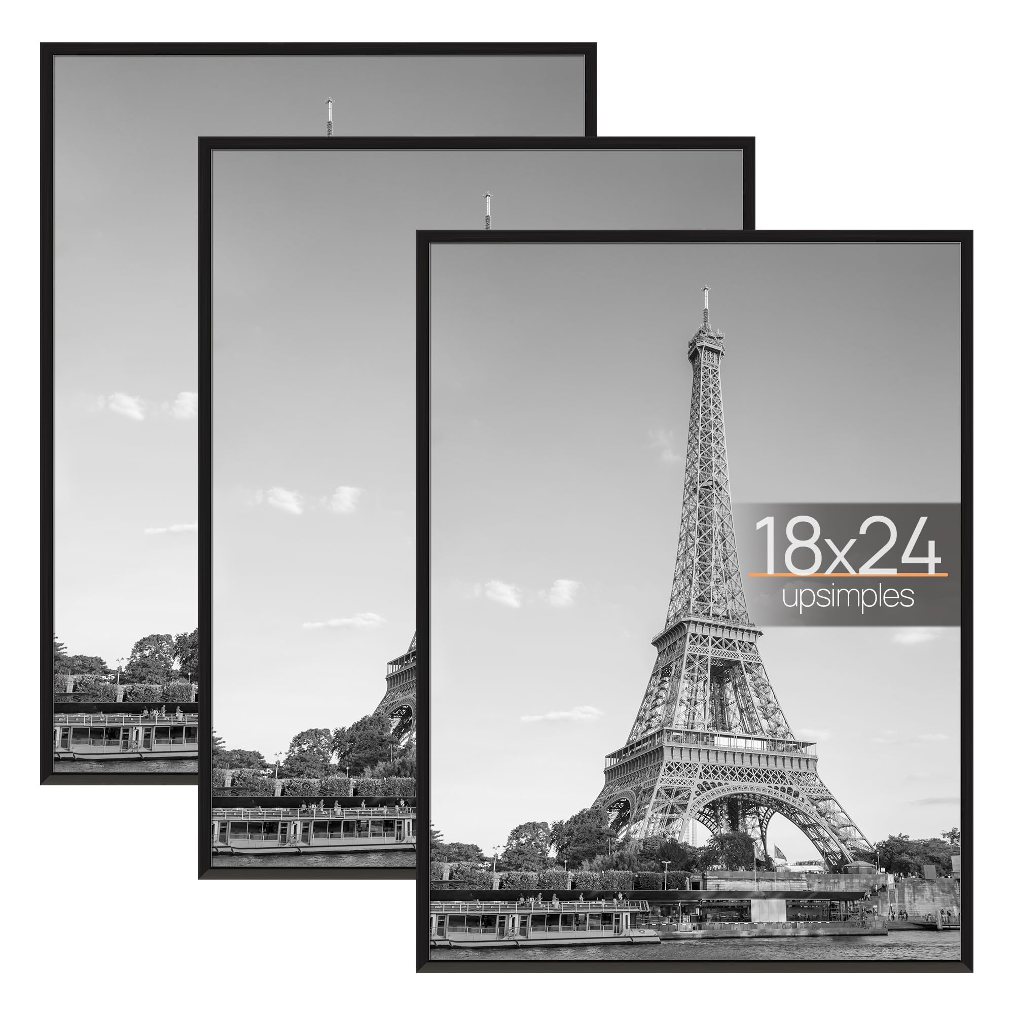 upsimples 16x24 Picture Frame Black 3 Pack, Scratch-Proof Poster Frames 16 x 24 for Photo Gallery - Slide-In Strips, Horizontal or Vertical Wall Mounting
