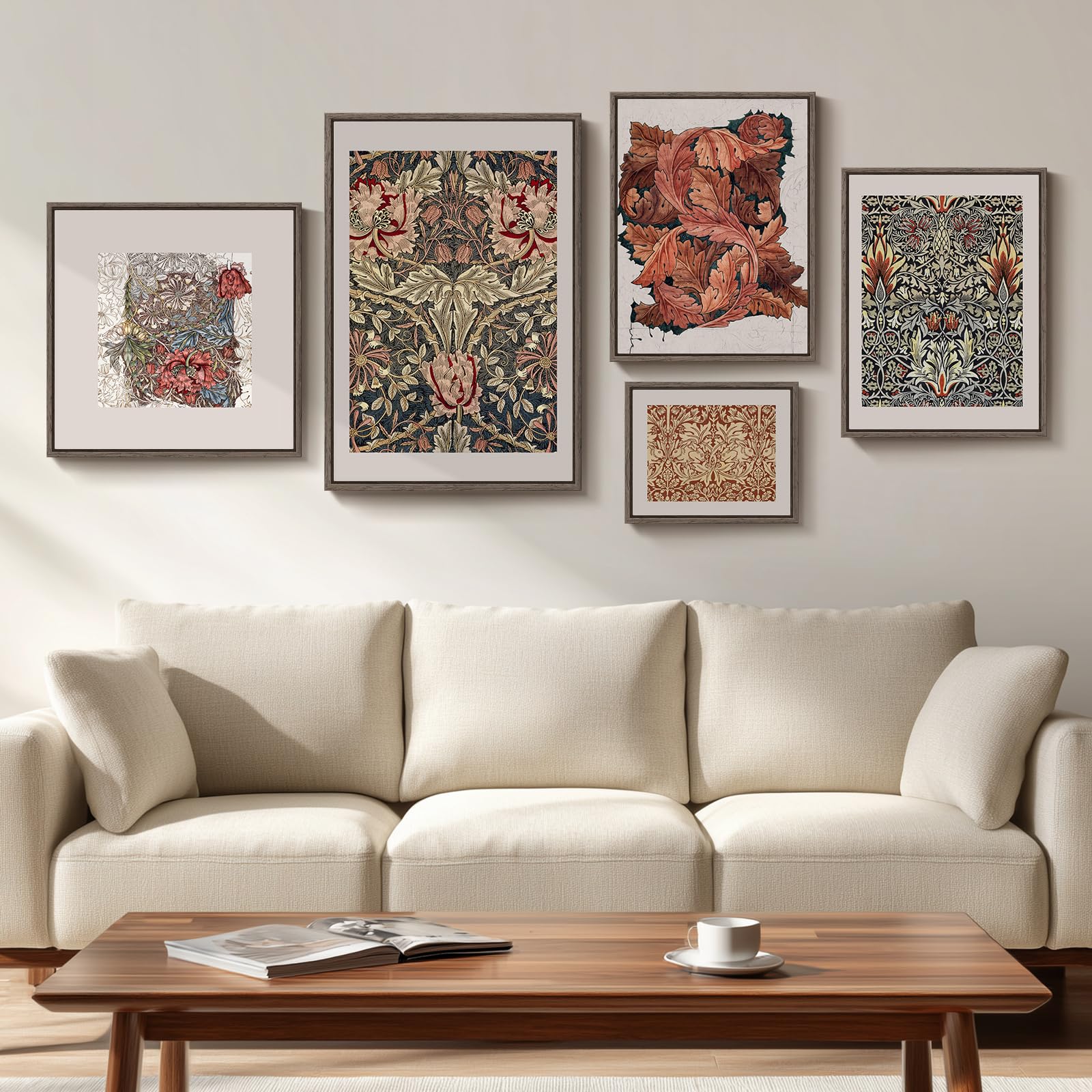 Framed Large William Morris Canvas Wall Art Set of 3, Vintage Nature Floral Artwork Prints, Boho Neutral Botanical Wall Decor for Living Room, Bedroom, Hallway and Office, Total Size 30x60