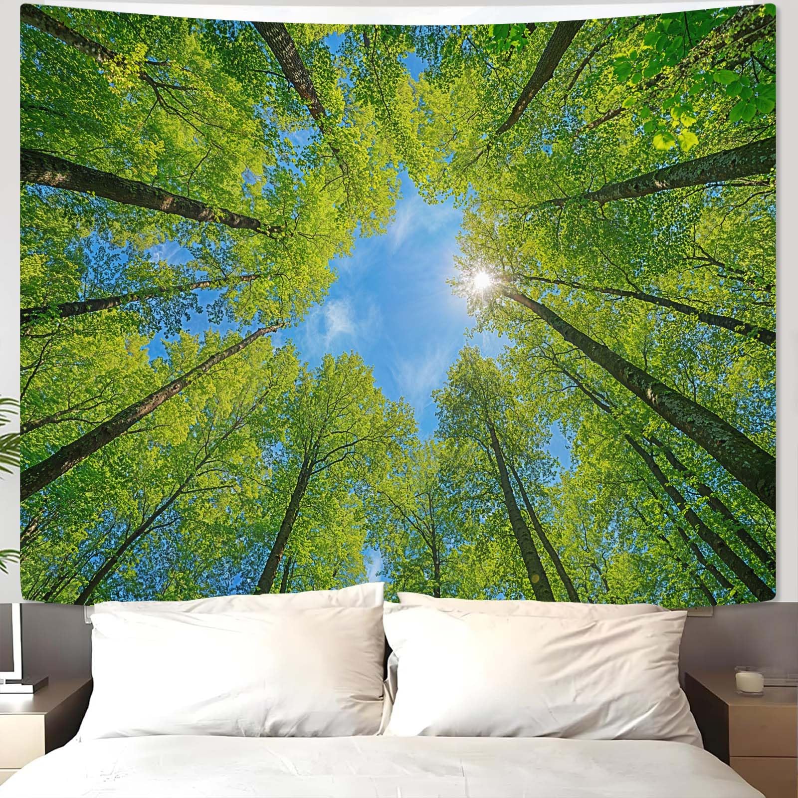 AMM Nature Forest Mountain Tapestry Green Pine Tree Tapestry for Bedroom Aesthetic White Clouds Flowing River Landscape Classroom Tapestries Wall Hanging for Living Room Dorm Office