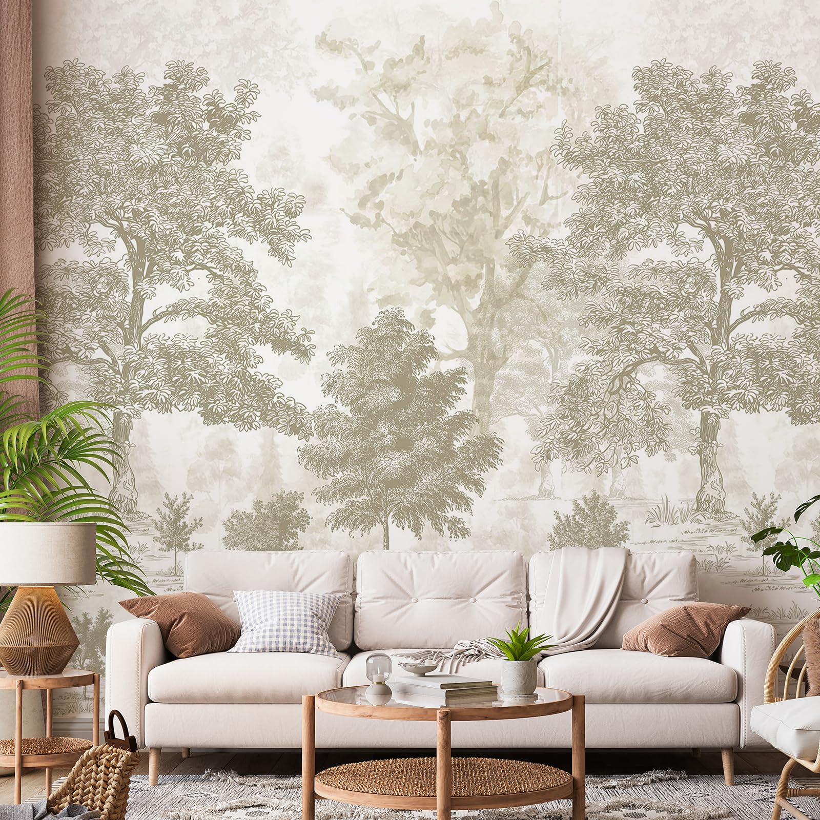 Zeeko Vintage Forest Wall Murals Peel and Stick 177" W x 110" H Beige Tree Wallpaper Self-Adhesive Large Nature Landscapes Murals Canvas Wall Decor for Bedroom Bathroom