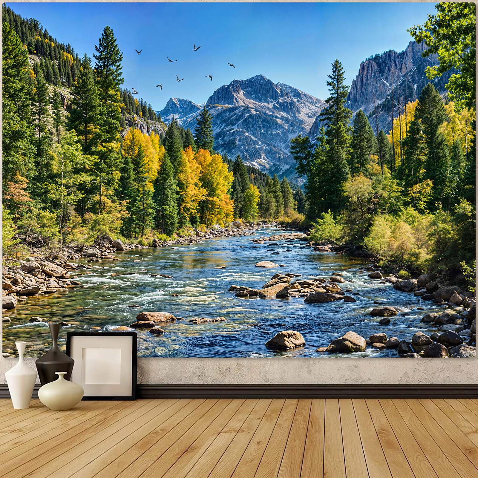AMM Nature Forest Mountain Tapestry Green Pine Tree Tapestry for Bedroom Aesthetic White Clouds Flowing River Landscape Classroom Tapestries Wall Hanging for Living Room Dorm Office