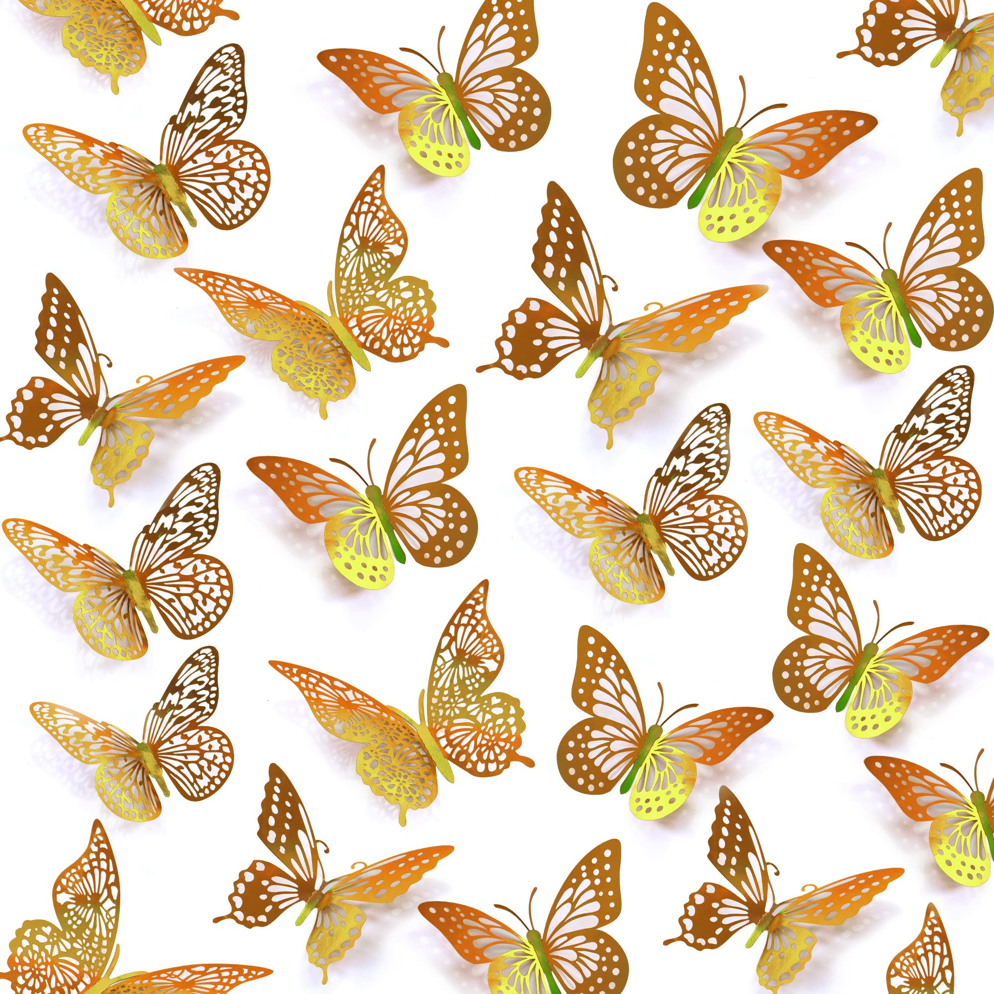 SAOROPEB 3D Butterfly Wall Decor, 48 Pcs 4 Styles 2 Color 3 Sizes, Removable Metallic Wall Sticker Room Mural Decals for Kids Bedroom Nursery Classroom Party Decoration (2 Color)