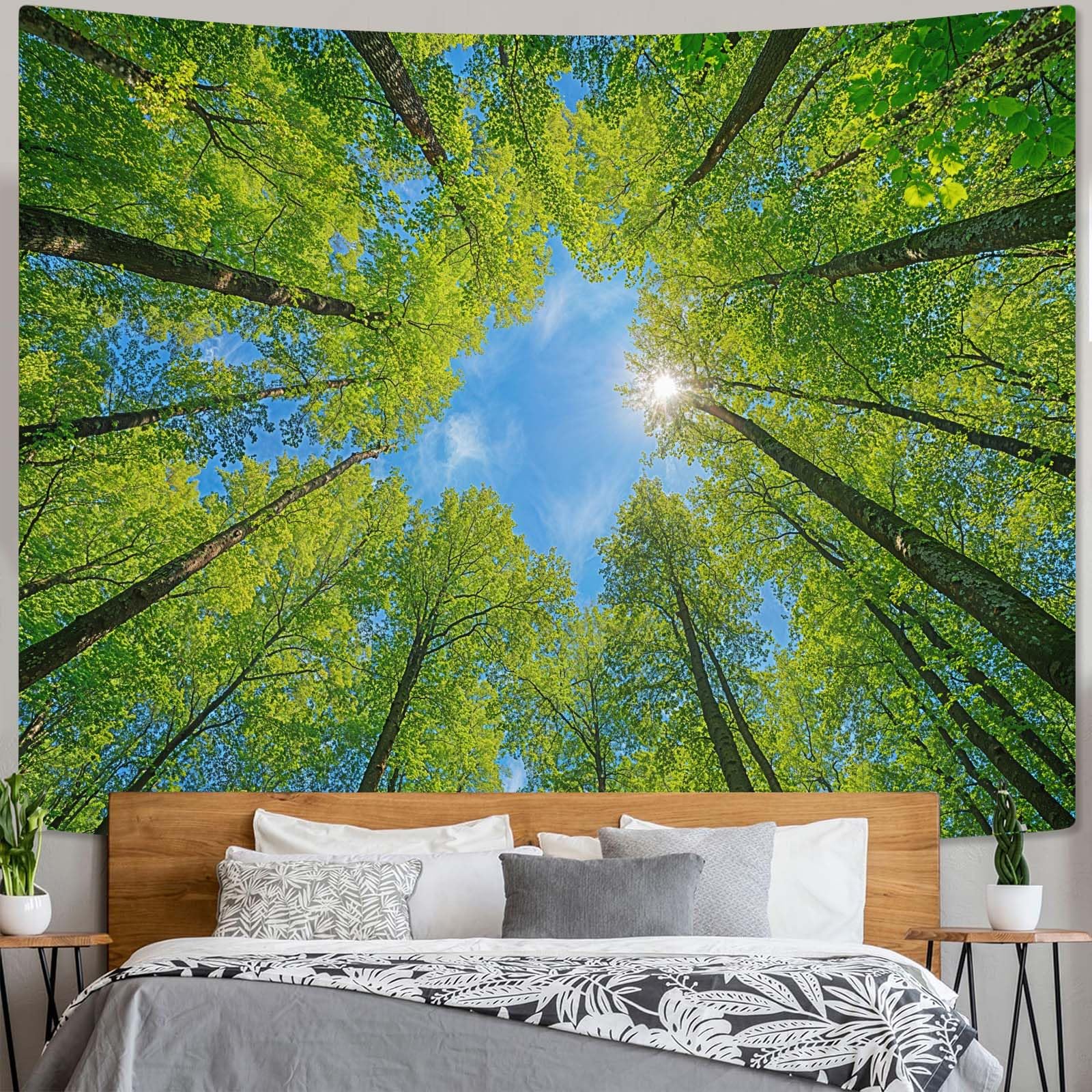 AMM Nature Forest Mountain Tapestry Green Pine Tree Tapestry for Bedroom Aesthetic White Clouds Flowing River Landscape Classroom Tapestries Wall Hanging for Living Room Dorm Office